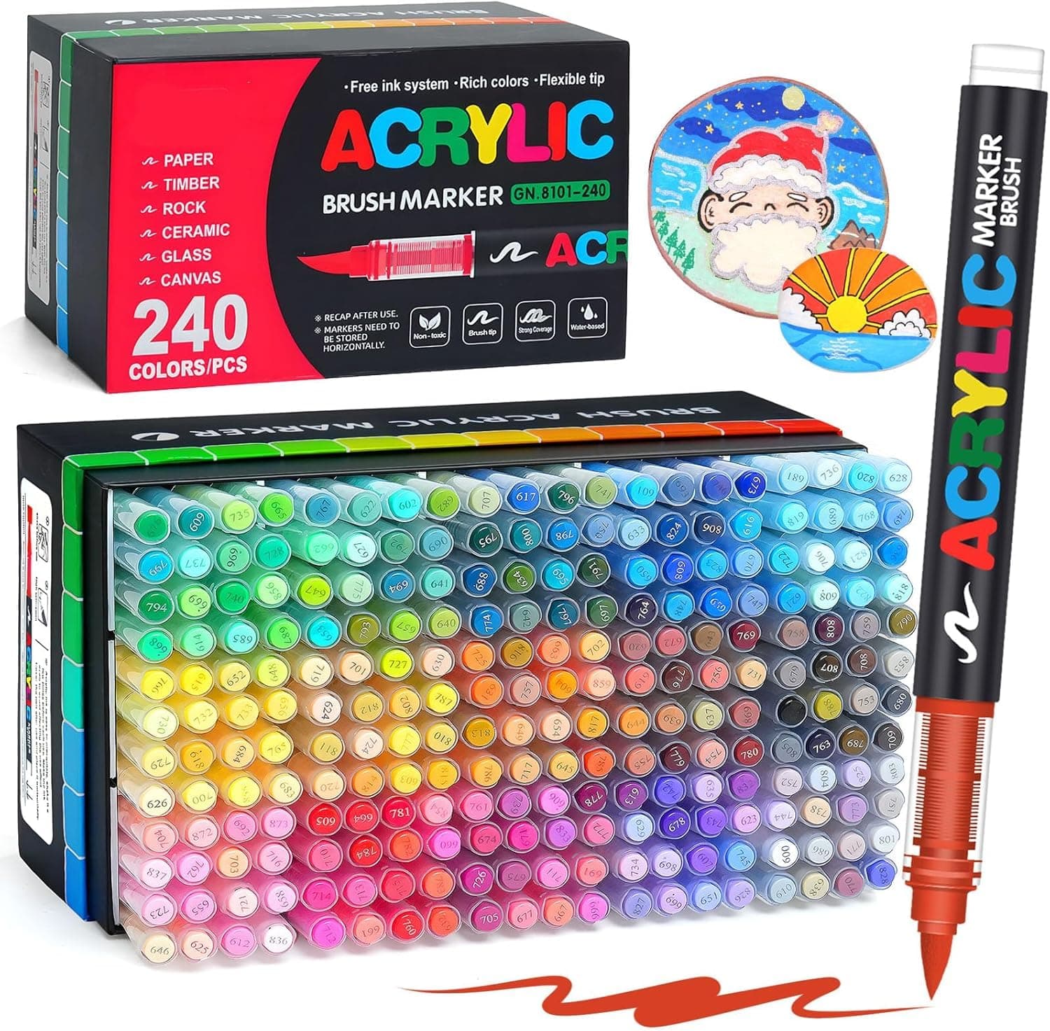 Laconile 240 Couleurs Feutre Acrylique, stylos acryliques à pointe pinceau pour le coloriage adulte ,Acrylic Paint Markers pour Coloriage, Calligraphie, Bois, Toile, Verre, Céramique (240)