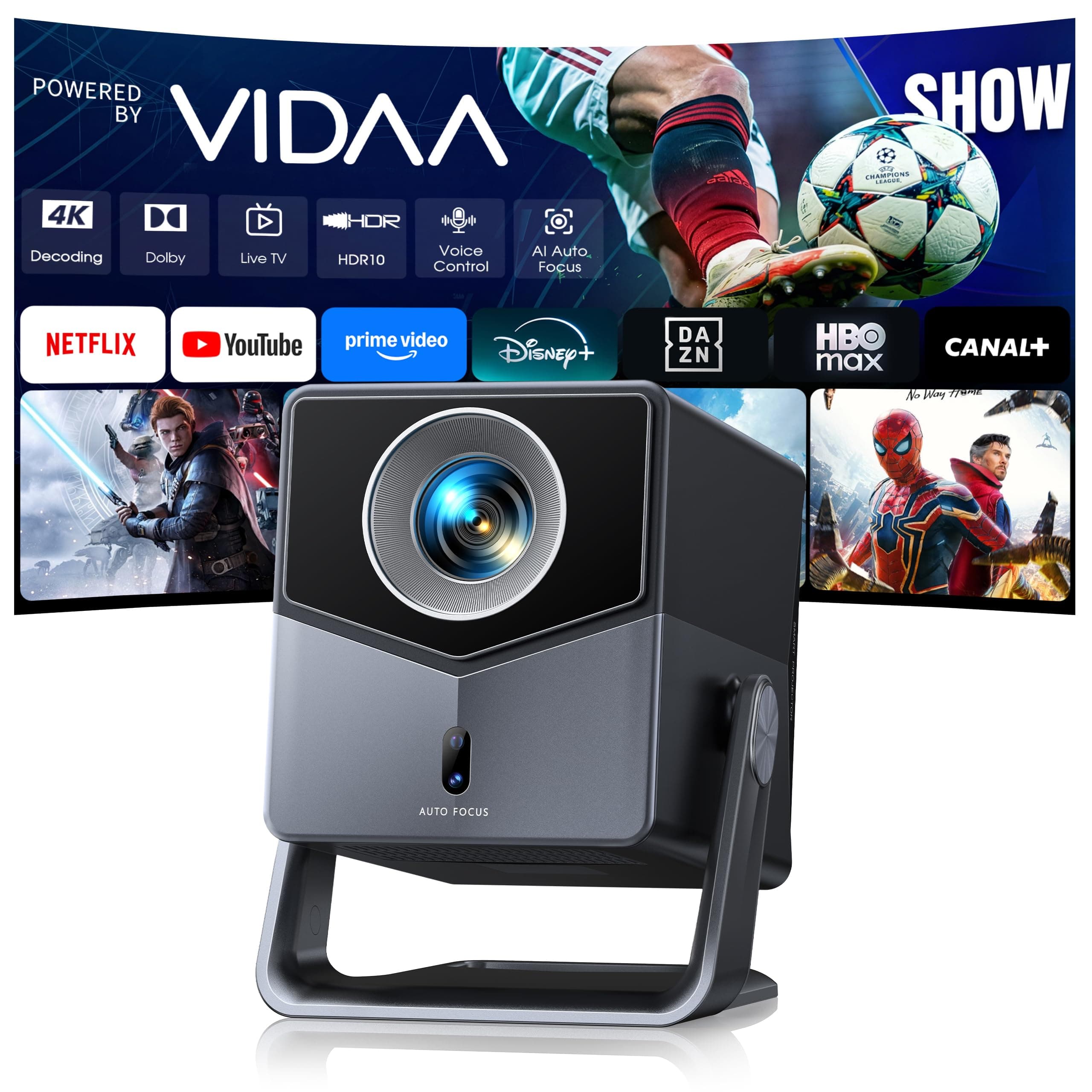 Proyector 4K【Netflix Integrado/TV en Directo/Dolby Audio】VIDAA, el SO más rápido, 1400 ANSI, FHD 1080P, Auto Focus y Keystone, Control por Voz, BT 5.4, Homekit,Rotación 200°, Proyector para Exteriores