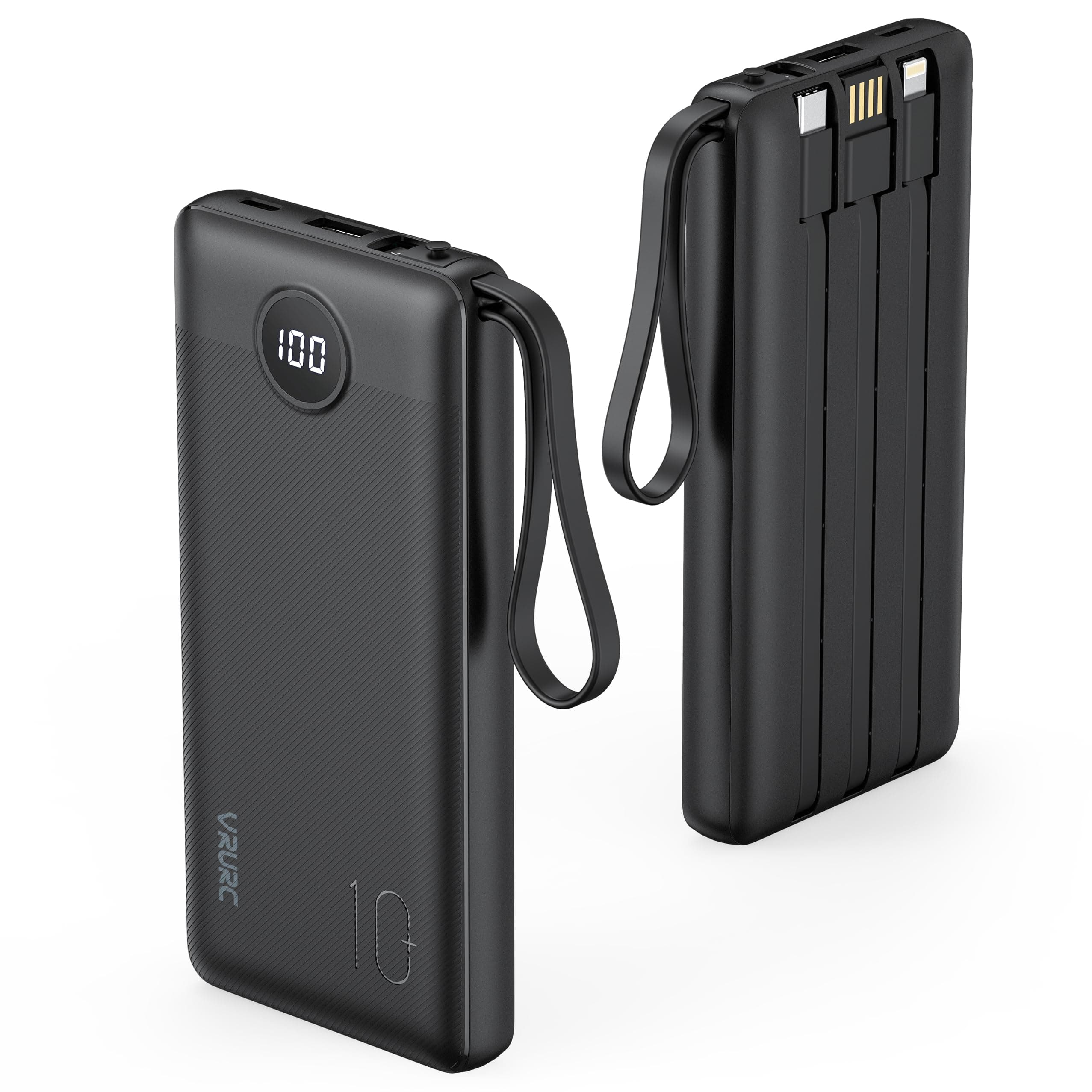 VRURC Power Bank 10000mAh Slim con Cavi Integrati, USB C Powerbank con 4 Uscite & 2 Ingressi, Caricatore Portatile LED Digitale Display Ideale per Viaggio di Lavoro - Black