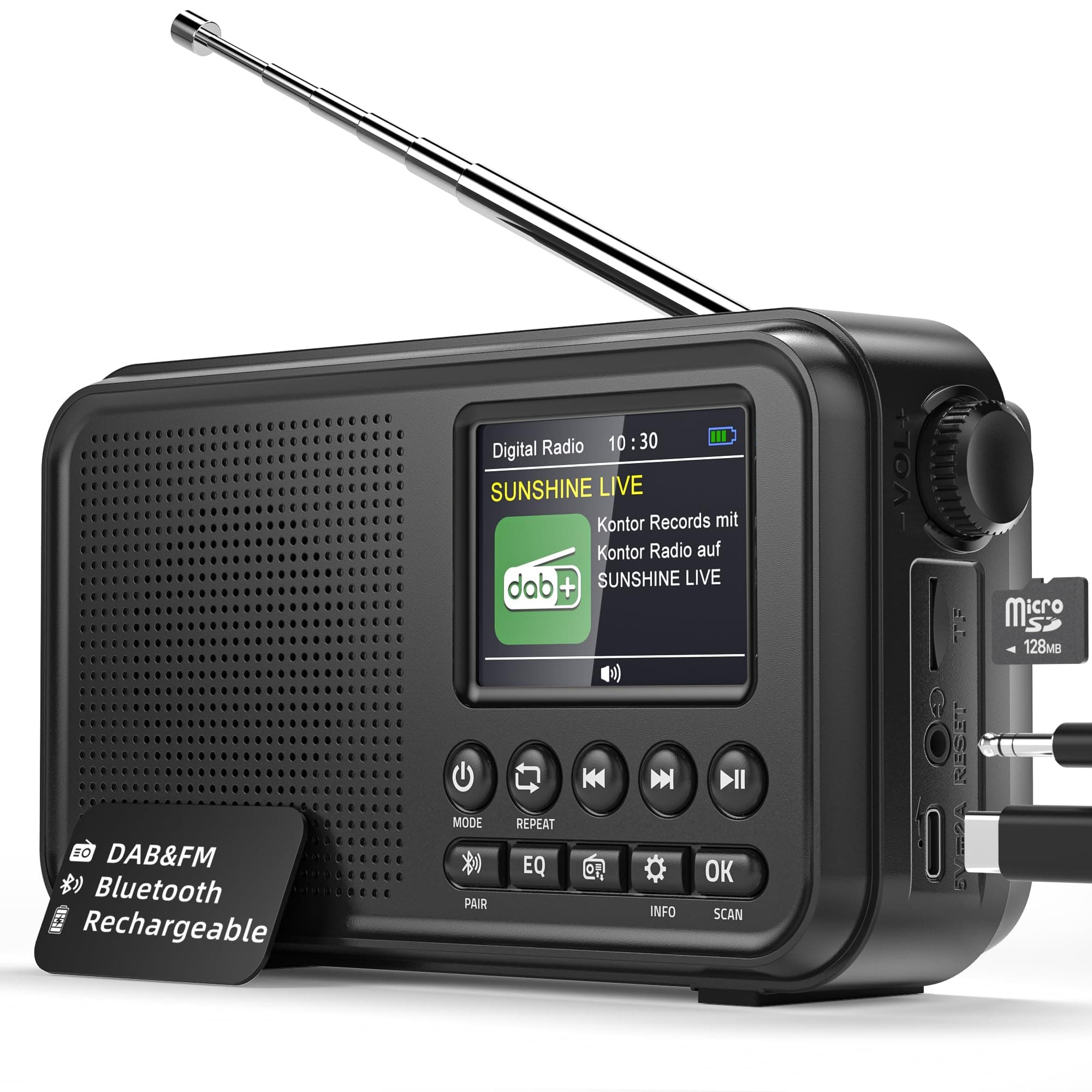 Mesqool Radio Digitale DAB&FM con Bluetooth, Batteria Ricaricabile da 3000mAh, Compatibile con Schede TF da 64GB, Ricarica Type-C, Presa per Cuffie, 40 Stazioni FM Preimpostate & 40 Stazioni DAB, EQ