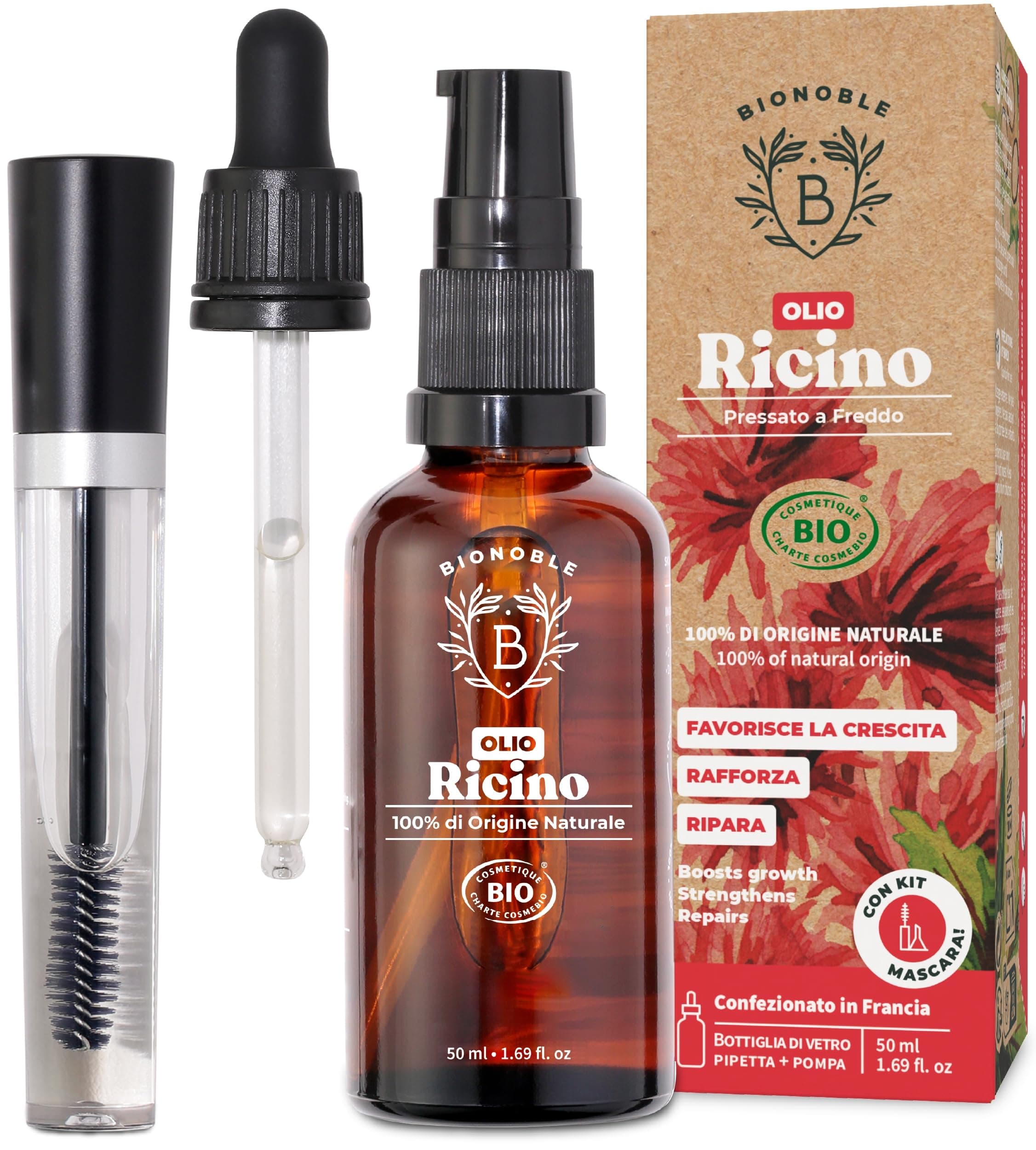 BIONOBLE Olio di Ricino Puro e Biologico + Kit Mascara - Pressato a Freddo - Olio di Ricino per Capelli Crescita, Ciglia e Sopracciglia - Castor Oil Organic - Bottiglia di Vetro, Pipetta, Pompa - 50ml