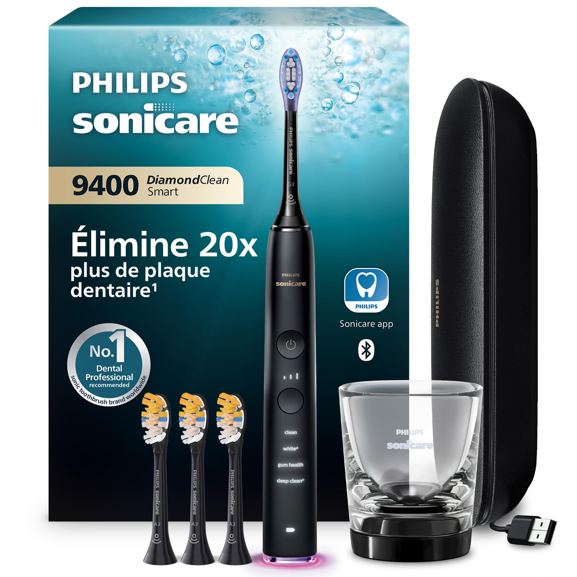 Philips Sonicare DiamondClean Smart 9400 - brosse à dents électrique avec 4 modes de brossage, 3 niveaux d'intensité, capteur de pression, connecté à l’application, noir, modèle HX9918/89