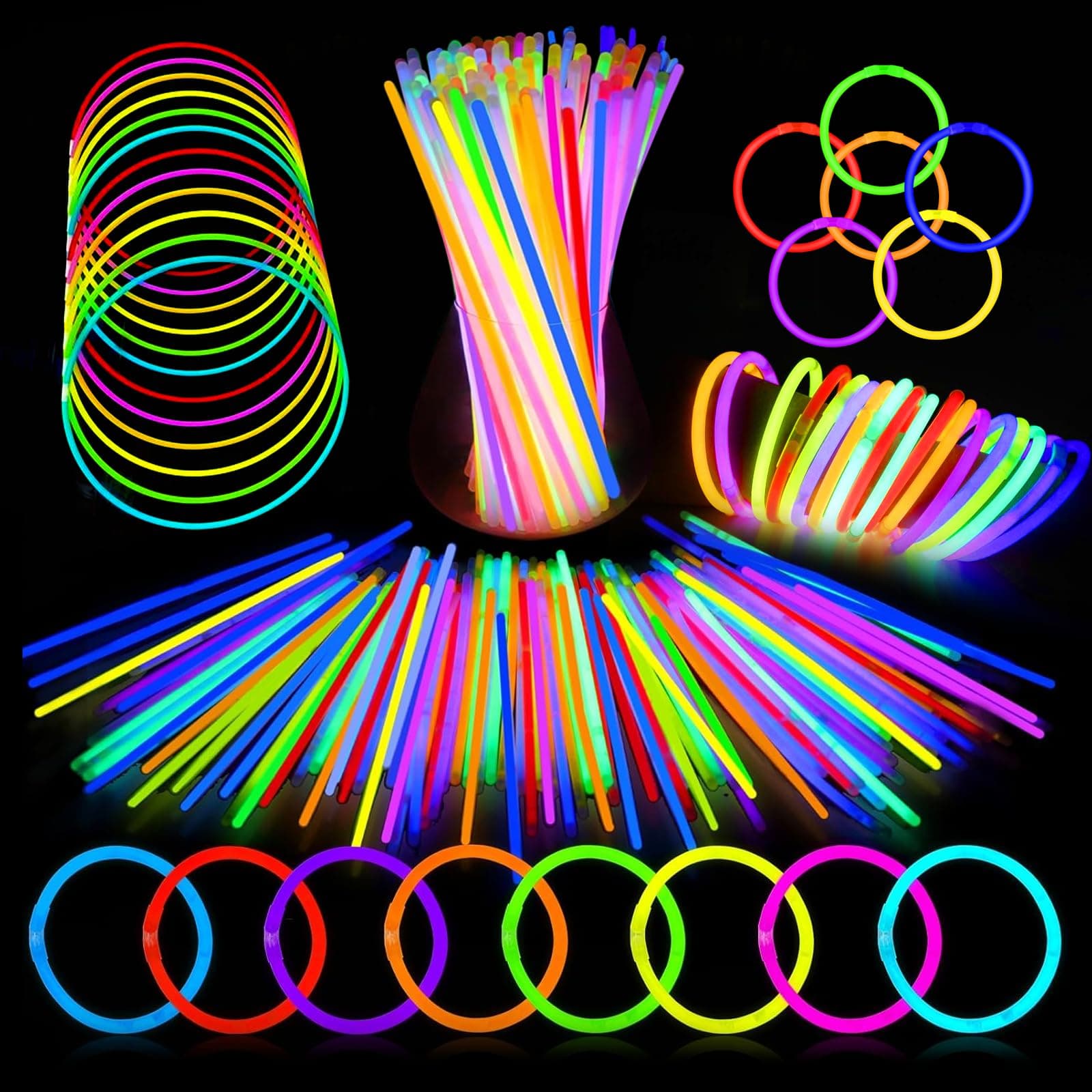 UooEA 200 Bastoncini Luminosi con Connettori – Glow Sticks Fluorescenti Multicolore per Braccialetti e Collane, Kit per Feste, Compleanni, Natale, Capodanno, Matrimonio, Regalo per Bambini e Adulti