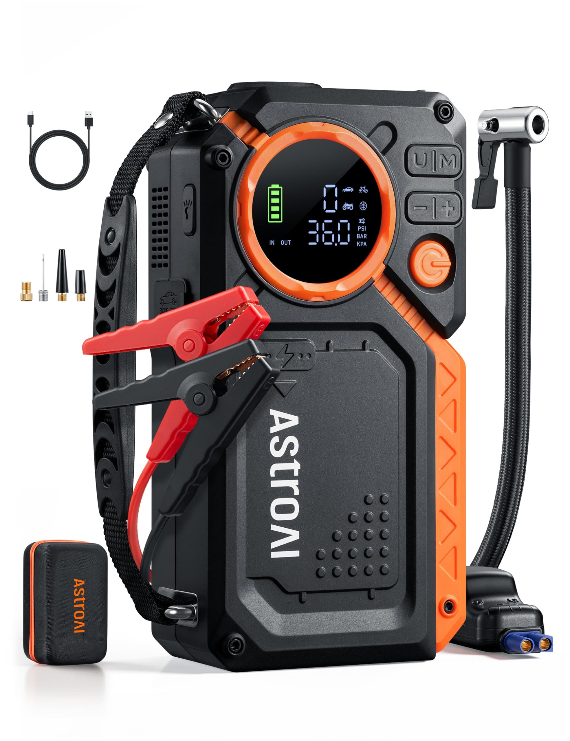 AstroAI Arrancador de Batería de Coche 8000A con Compresor Aire, Arrancador Coche Prtatil con Inflador de 150 PSI, Jump Starter 12V (Todo Gasolina o 12L Diésel), con Pantalla LED y Luz de Emergencia