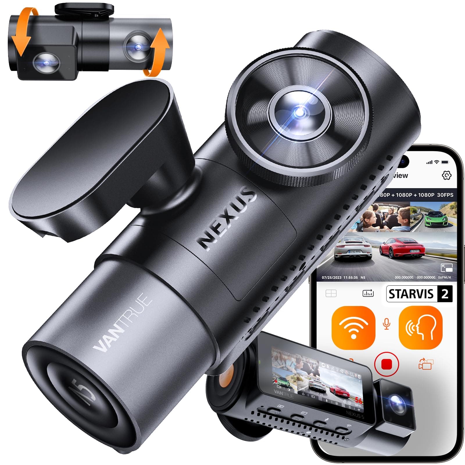 VANTRUE N5 Cámara de Coche Dashcam 4 Canales para Coche 1944P+1080P+1080P+1080P/30FPS, 360° Delantera Trasera 5GWiFi, cámara de salpicadero controlada por Voz con GPS, HDR+ WDR, máx. 512G