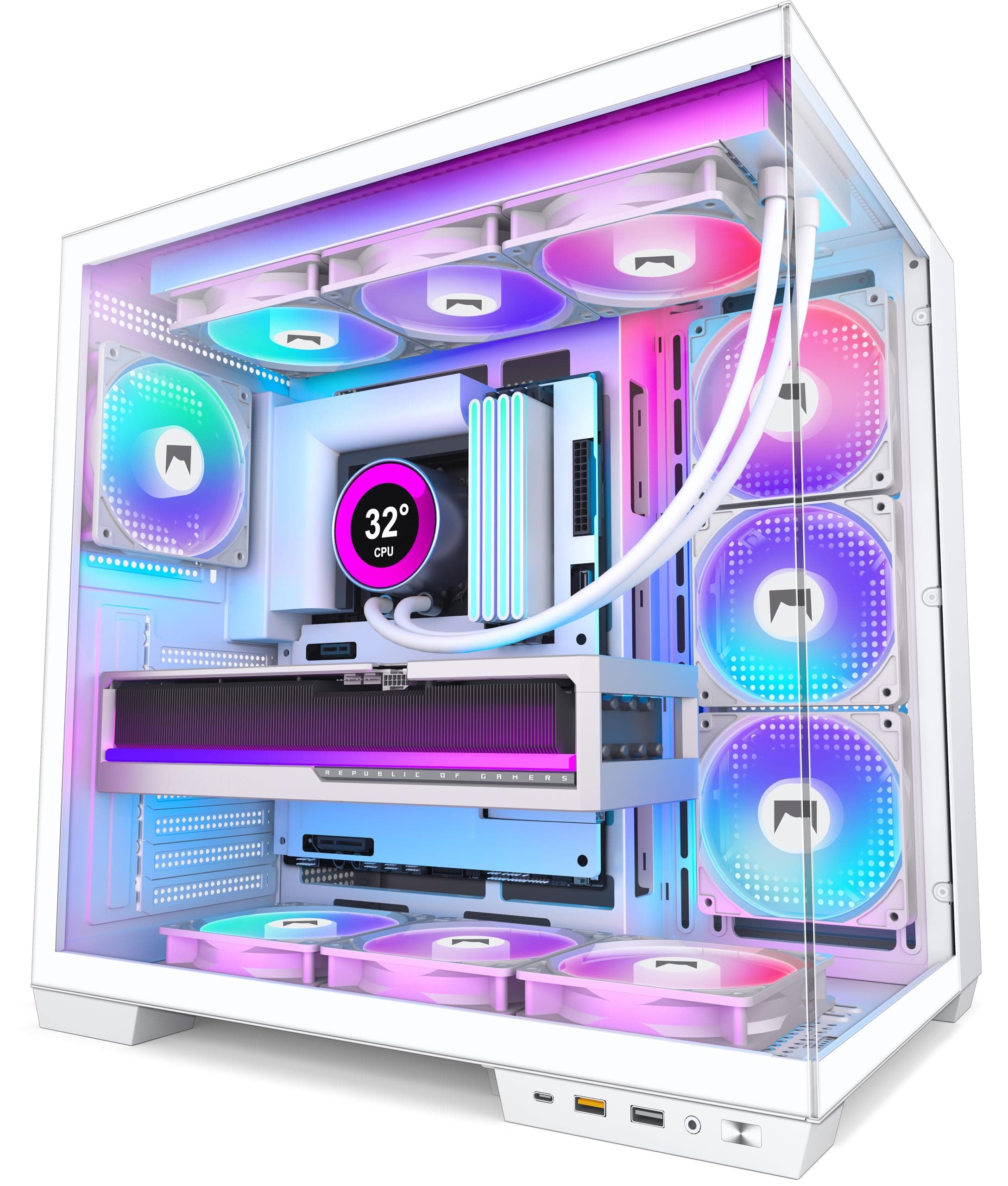 HYXN H1 Caja PC ATX – 7 PWM ARGB Ventiladores preinstalados, Doble cámara, Media Torre para Gaming, con Tipo C, instalación simultánea de 3 radiadores de 360 mm (Blanco, H1)