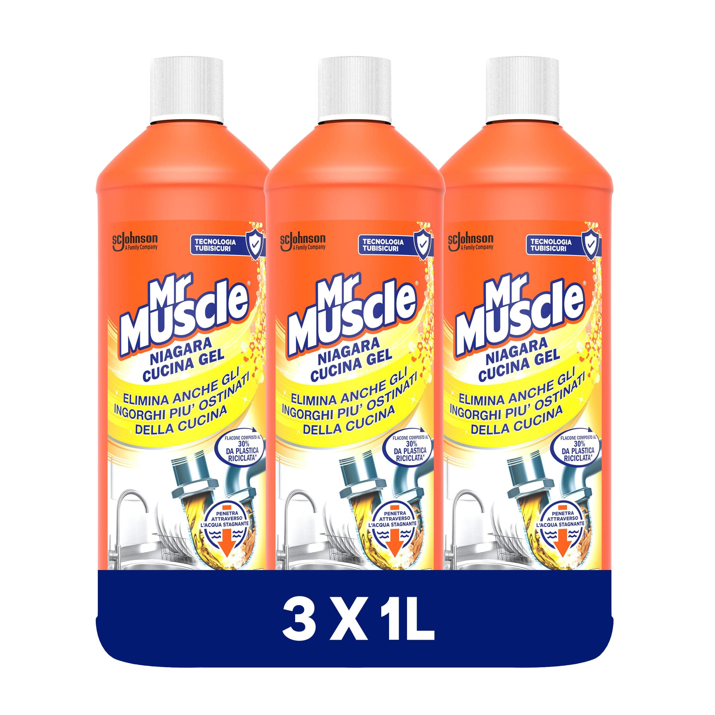 Mr Muscle Niagara Cucina Gel, Stura Lavandini e Scarichi, Disgorgante Forte per Tubi e Scarichi della Cucina, Sicuro per i Tubi, Formato Scorta da 3 pezzi da 1000ml