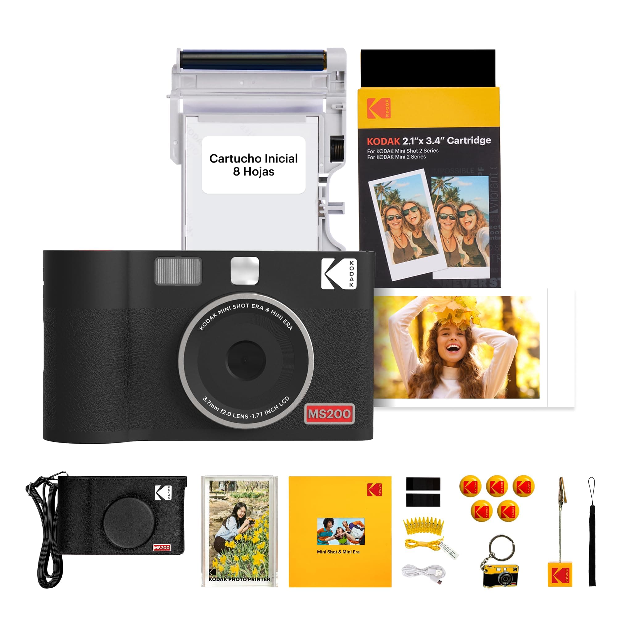 KODAK Mini Shot 2 ERA 4PASS 2-en-1 Cámara Instantánea e Impresora de Fotos (5,3x8,6cm) (Cámara + Pack de Regalo con 38 Hojas (8 Hojas Iniciales + 30 Hojas), Negro)