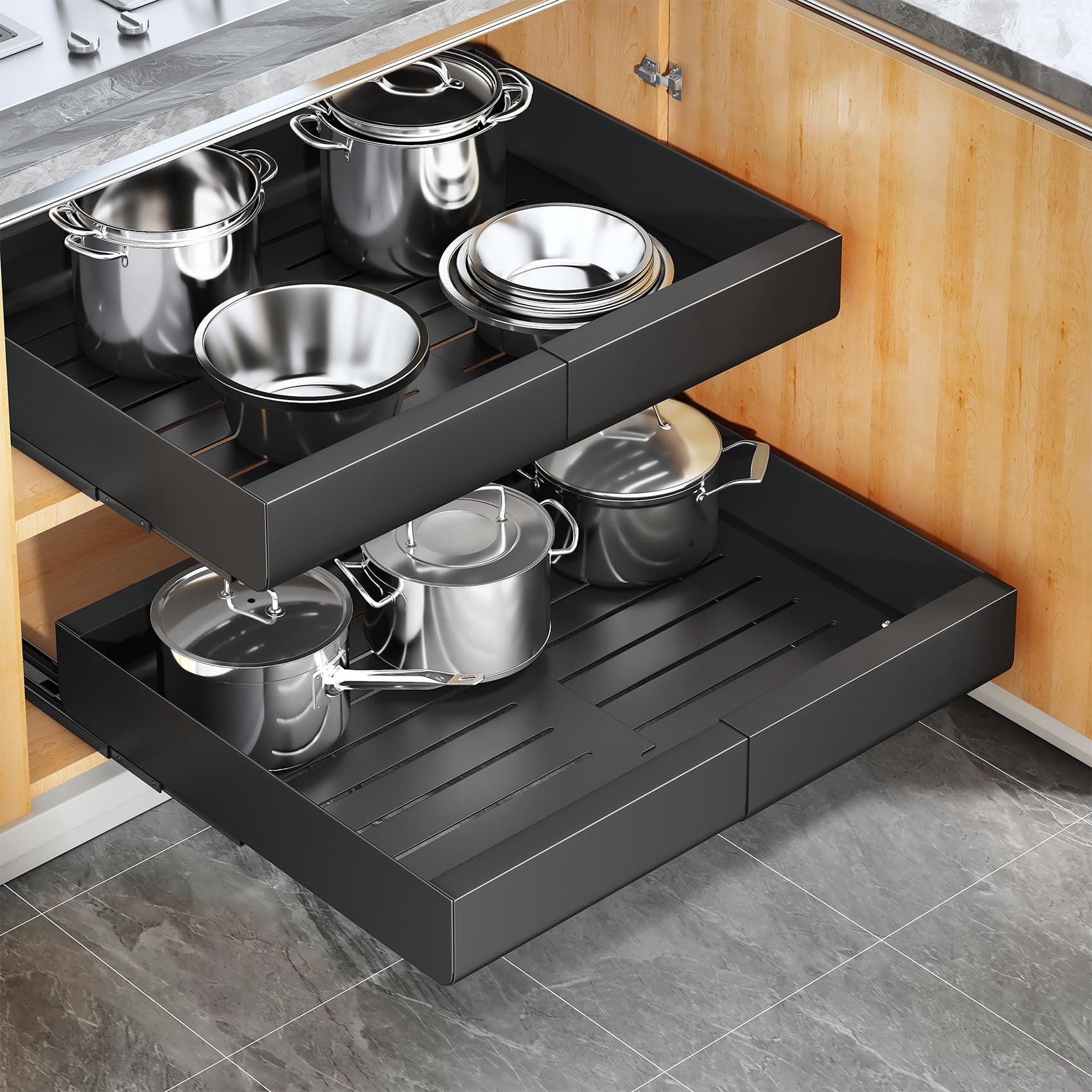 Kitstorack Tiroir Coulissant Cuisine 2 Pièces - avec 3 Rails de Guidage & Film Nano-Adhésif - Tiroir Coulissant Placard pour Rangement Cuisine - Montage par Adhésif ou Vis (43x30-50x5,8 cm, Noir)