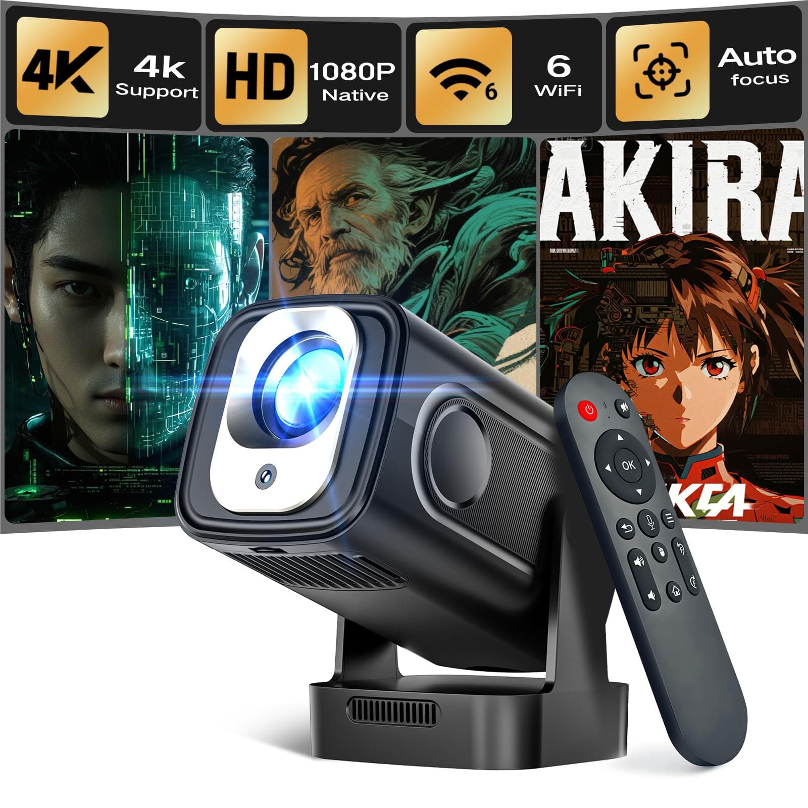 Alwtniet Mini Proyector 4K, 1080P Proyector Portátil Android WiFi 6 BT 5.4, 260ANSI, Enfoque Automático Corrección Trapezoidal Automática, Rotación 180° Projector Compatibile con HDMI/USB HY310