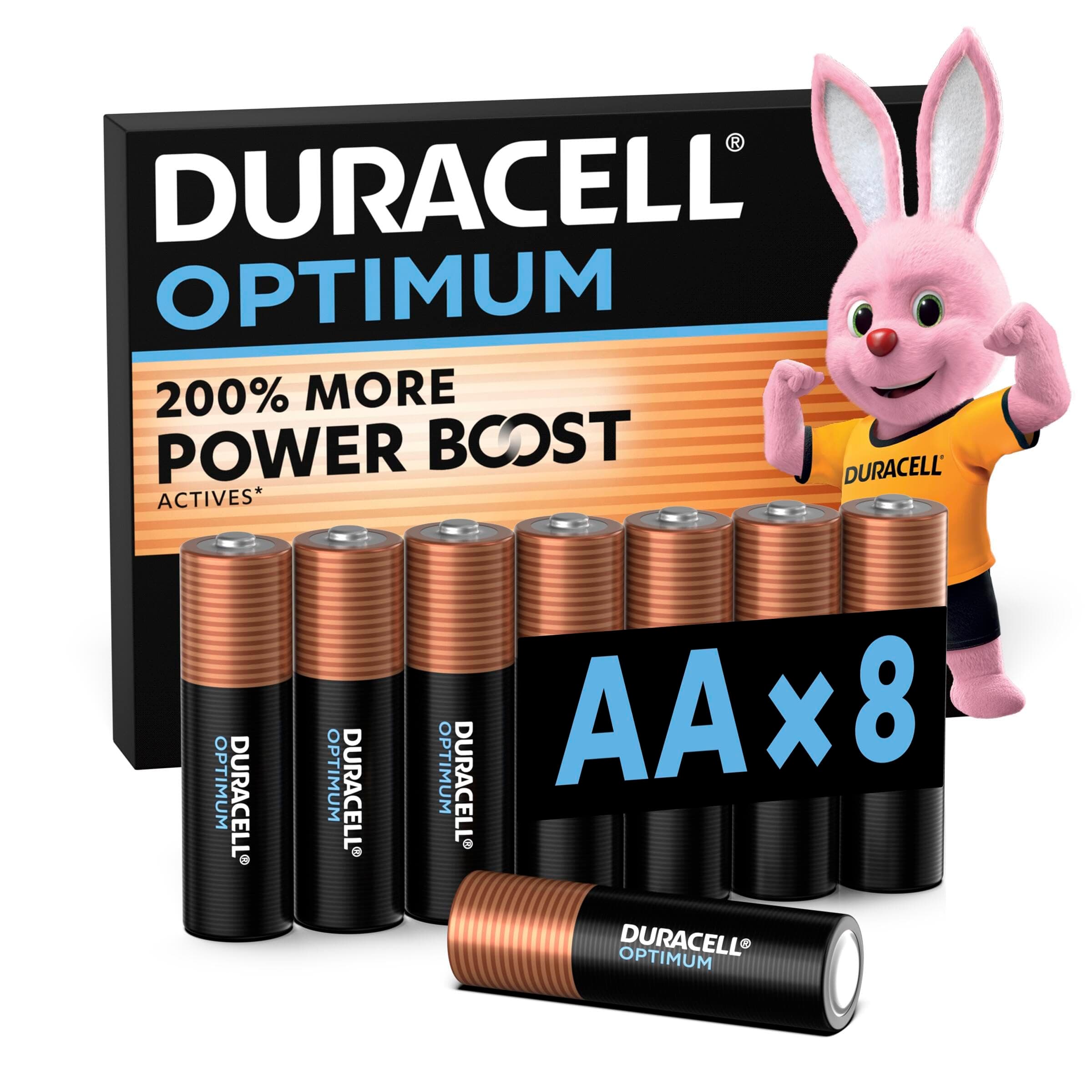 DURACELL Optimum Pilas AA (Paquete de 8) – Pilas alcalinas 1,5 V – 200 % más de activos POWER BOOST – Satisface las exigencias de los dispositivos modernos – Envase 100 % reciclable – MX1500