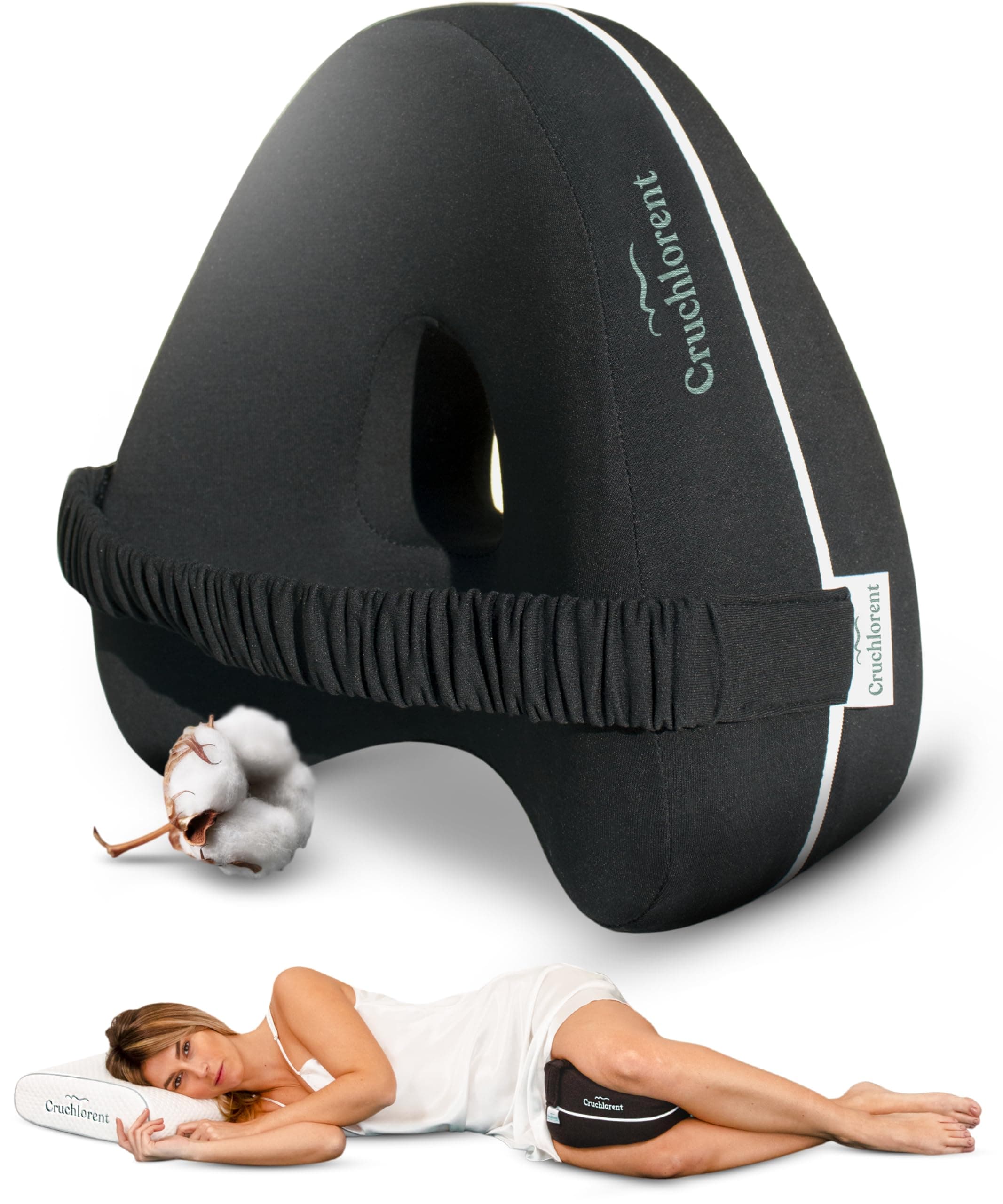 Cruchlorent Black Heart - Almohada Piernas Dormir - 100% Algodón - Diseñada para Dormir De Lado - Soporte hasta 95 Kg - Combate el Dolor de Espalda, Cadera y Rodilla.