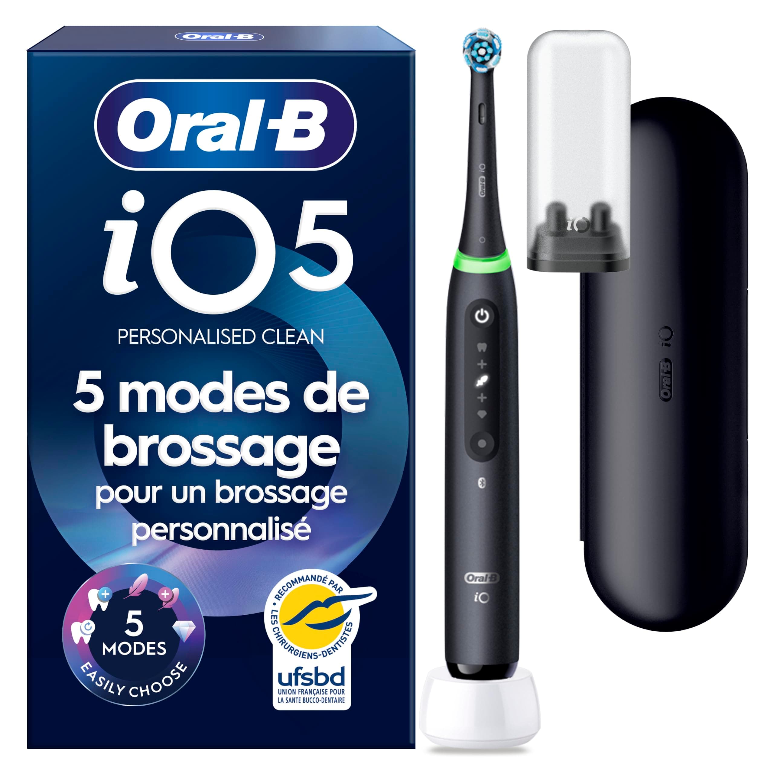 Oral-B Brosse à Dents Electrique iO 5 avec Brossette de Rechange, Noire | 5 Modes de Brossage dont Douceur et Blancheur, Capteur de Pression sur les Gencives et d’Usure, Batterie Rechargeable, Etui