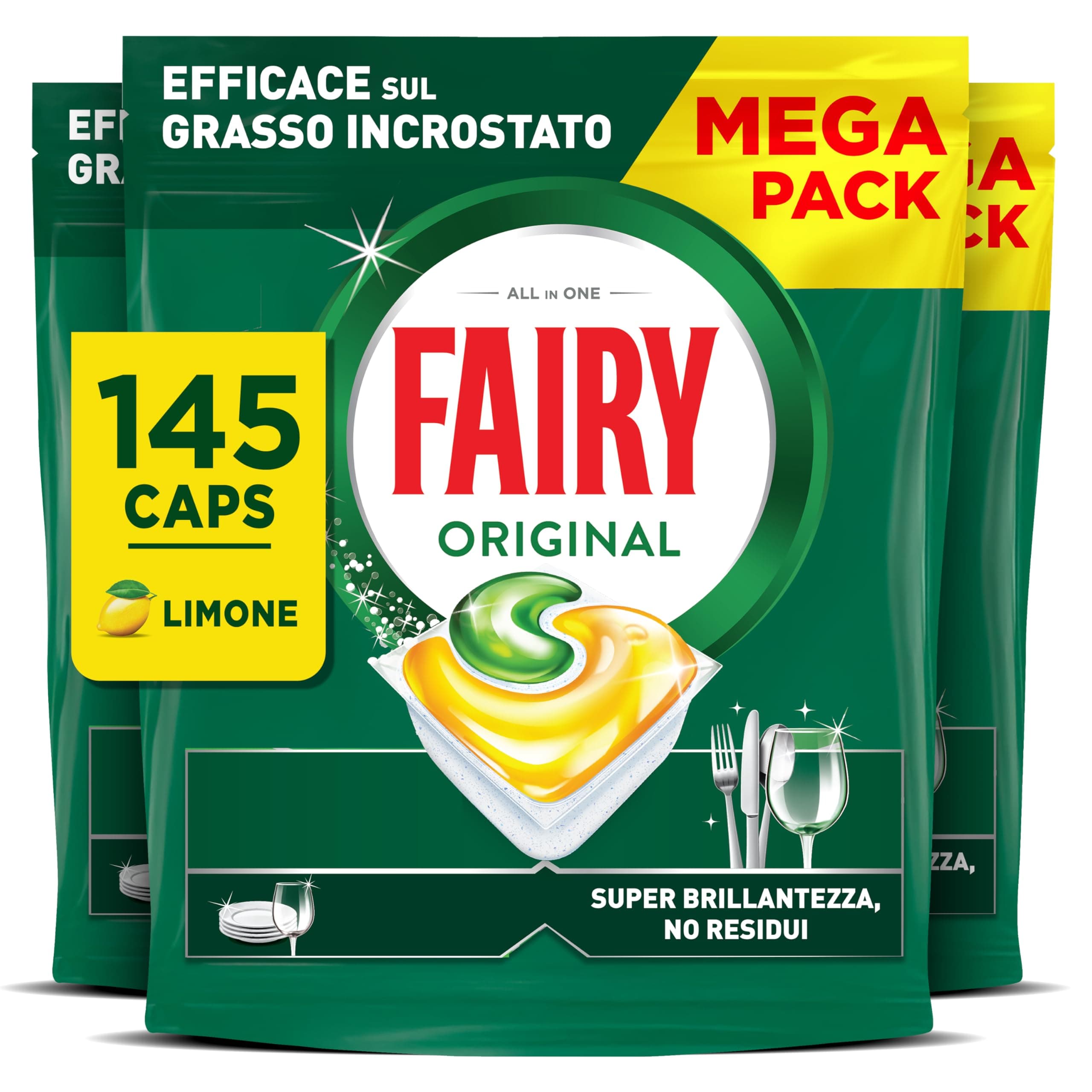 Fairy Original Pastiglie Lavastoviglie, 145 Capsule, Limone, Detersivo Con Azione Pulente Al Primo Lavaggio, Efficace Sul Grasso Incrostato Con Azione Brillante
