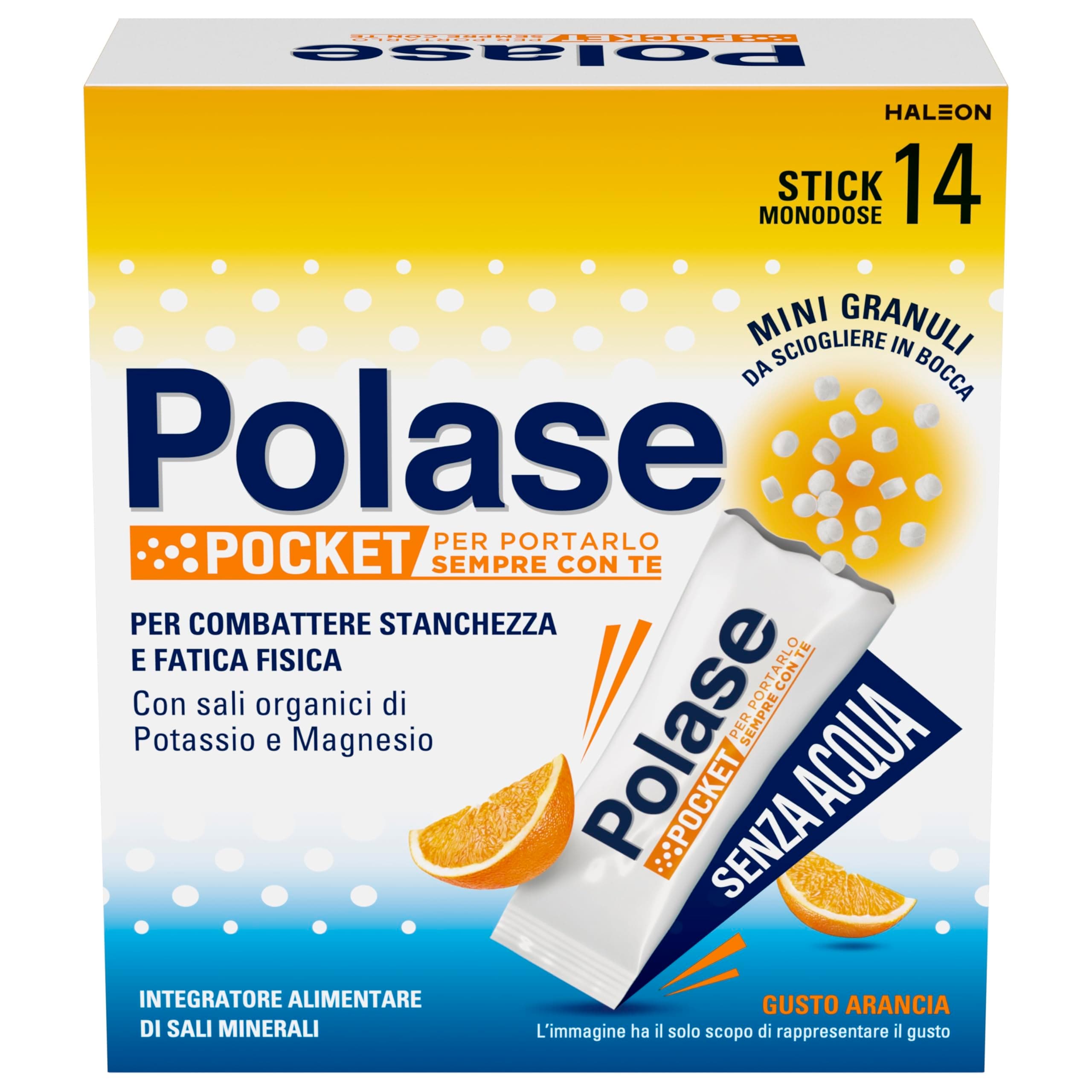 Polase Pocket, Integratore Alimentare di Magnesio e Potassio Contro Stanchezza e Fatica, Caldo, Gusto Arancia, 14 Stick orosolubili