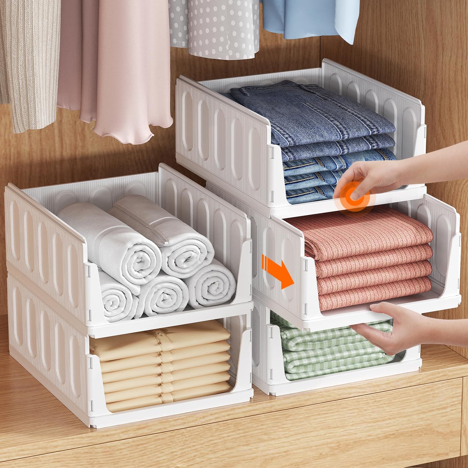 Lifewit Organizer Armadio Interno, 5 Pezzi Impilabili Contenitori Vestiti | Contenitori con Cassetti Salvaspazio Estraibile, Scatole Portaoggetti per Cucina, Bagno e Camera da Letto, 24L, Bianco