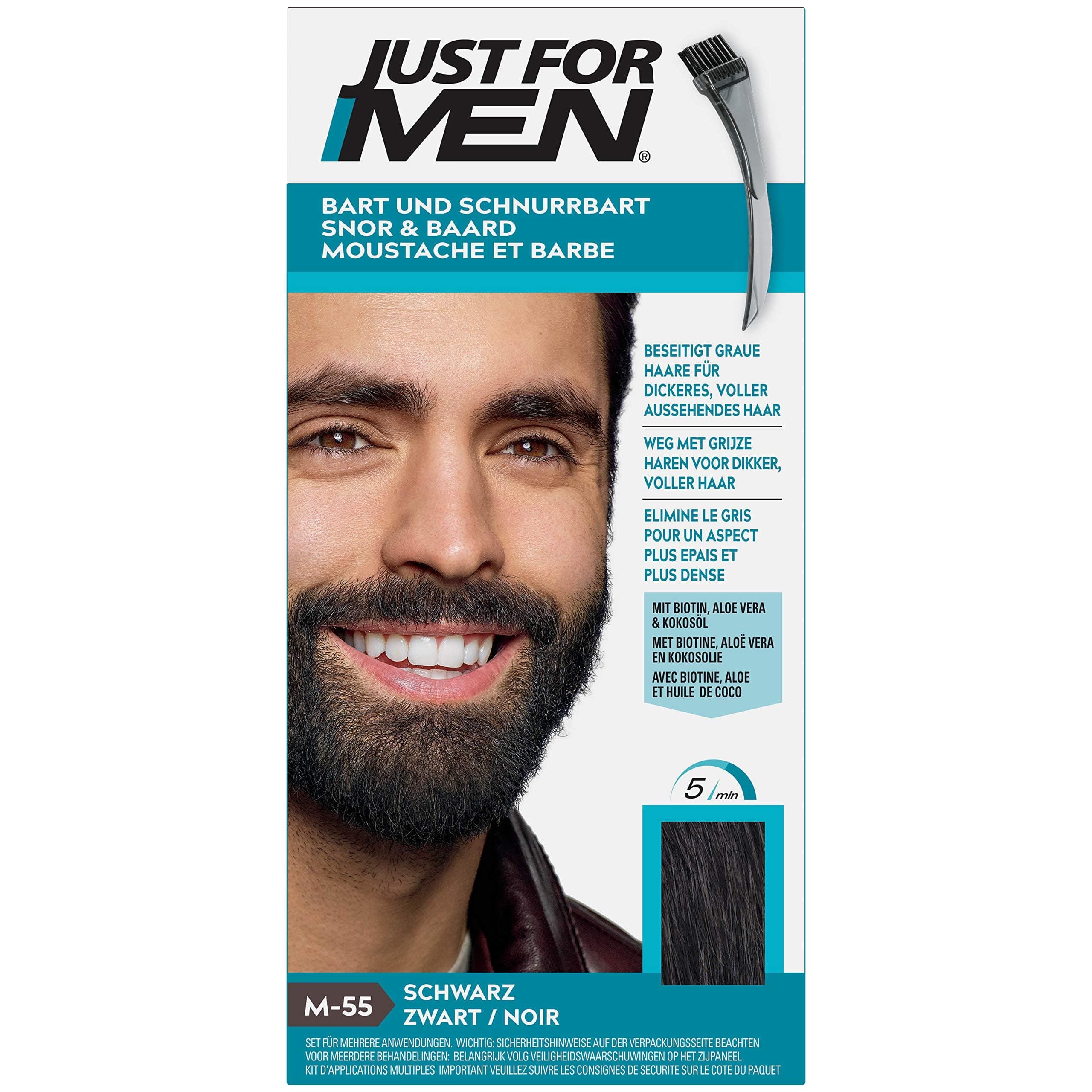 Just For Men Barbe & Moustache, coloration Barbe Homme, Naturel, Sans Ammoniaque, Élimine les Poils Gris, Avec Peigne Applicateur, Couleur Noir M55