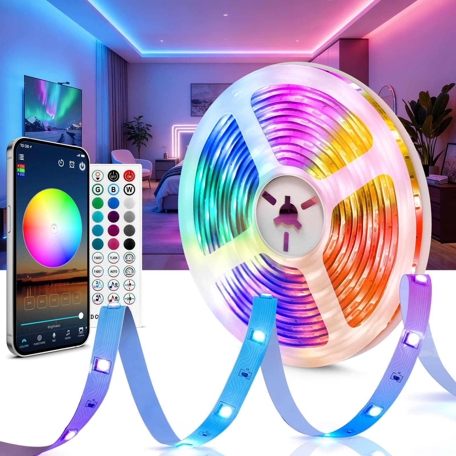 Beaeet Striscia LED 5 Metri 24V RGB, Luci LED Camera da Letto con Telecomando & App Bluetooth, Strisce LED Adesive per Interni, Plafond, Gaming, LED Strip Light Tagliabile, Luce LED RGB 5050 (1×5m)