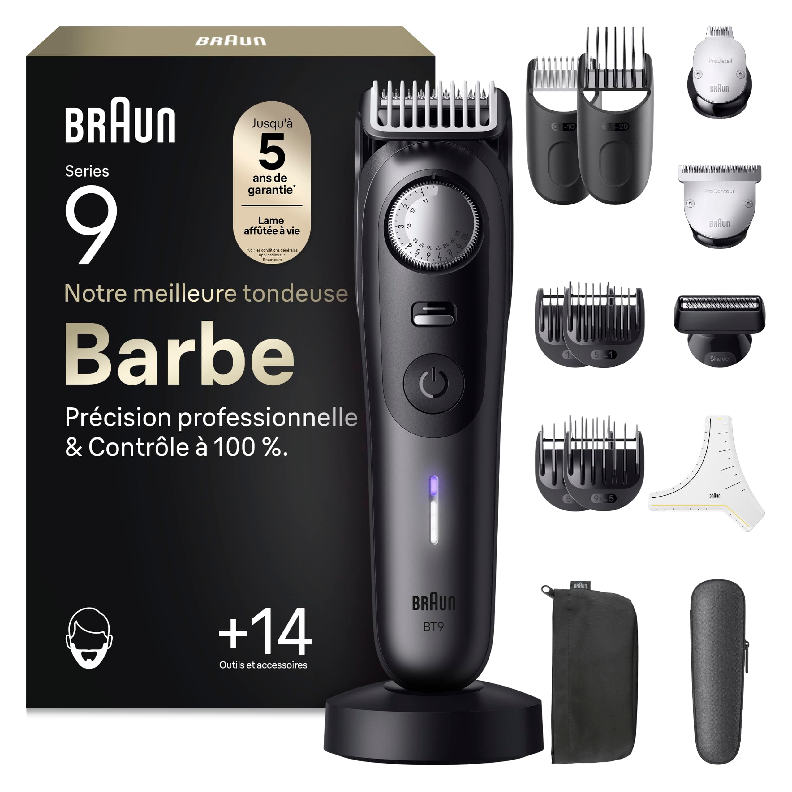 Braun Tondeuse Barbe Homme Series 9 BT9565, Titane | Etanche, Batterie Rechargeable, +14 Outils de Barbier, Lame Ultra Affutée, Coffret avec Etui de Voyage, Emballage en Carton