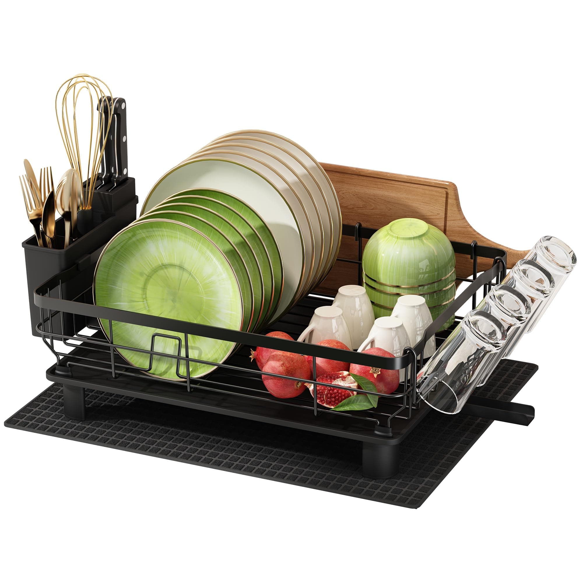 Boosiny Egouttoir Vaisselle, Egoutoire Vaisselle Cuisine en Acier Inoxydable Grand Format avec Porte-Gobelets, Égouttoir à Vaisselle Porte-Ustensiles et Drainage Automatique, Noir, Un Niveau