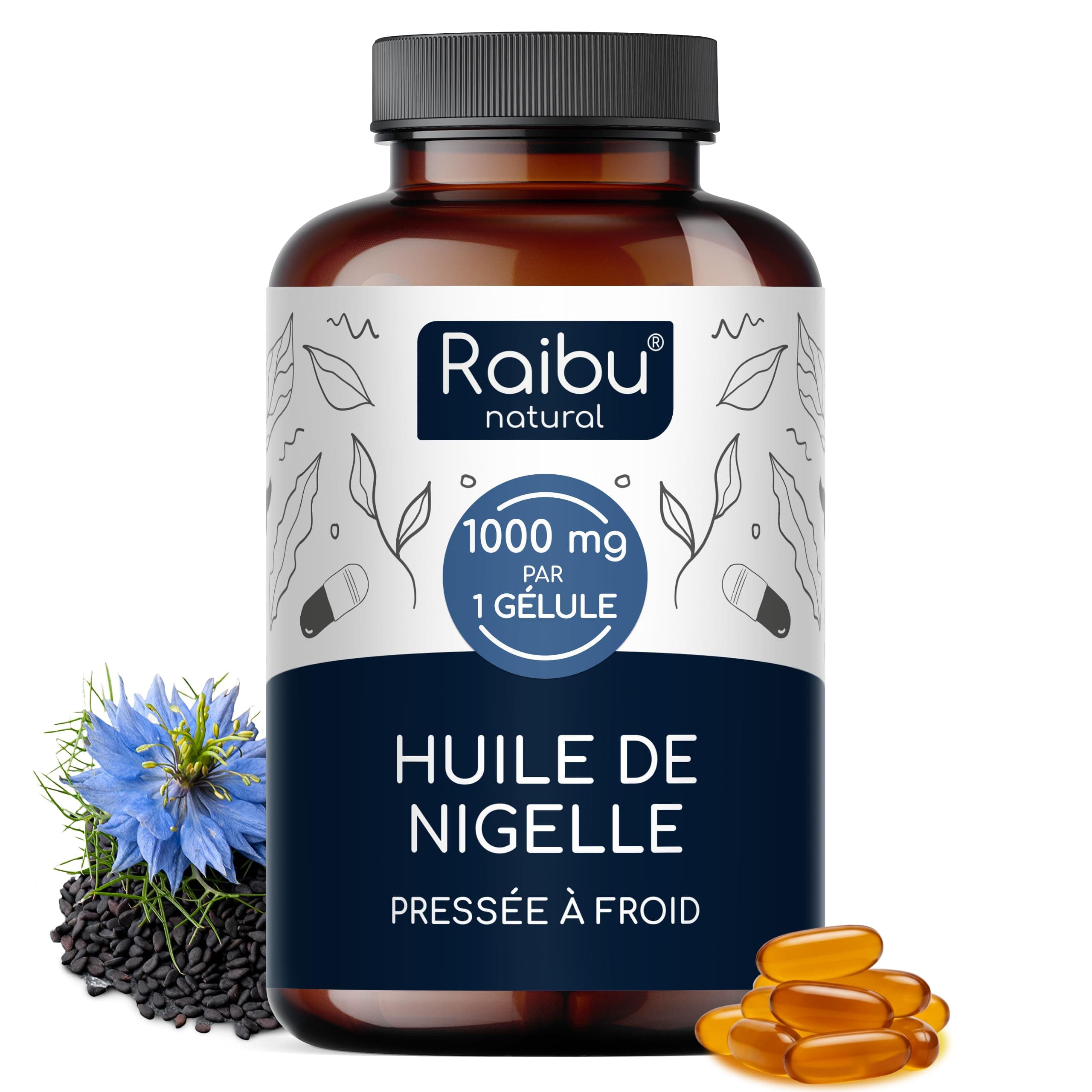 Huile de nigelle pure - 1000 mg d’huile de cumin noir par gélule (1 par jour) - Provision pour 6 mois - Nigella sativa pressée à froid - 59 % d’acide linoléique - 180 gélules