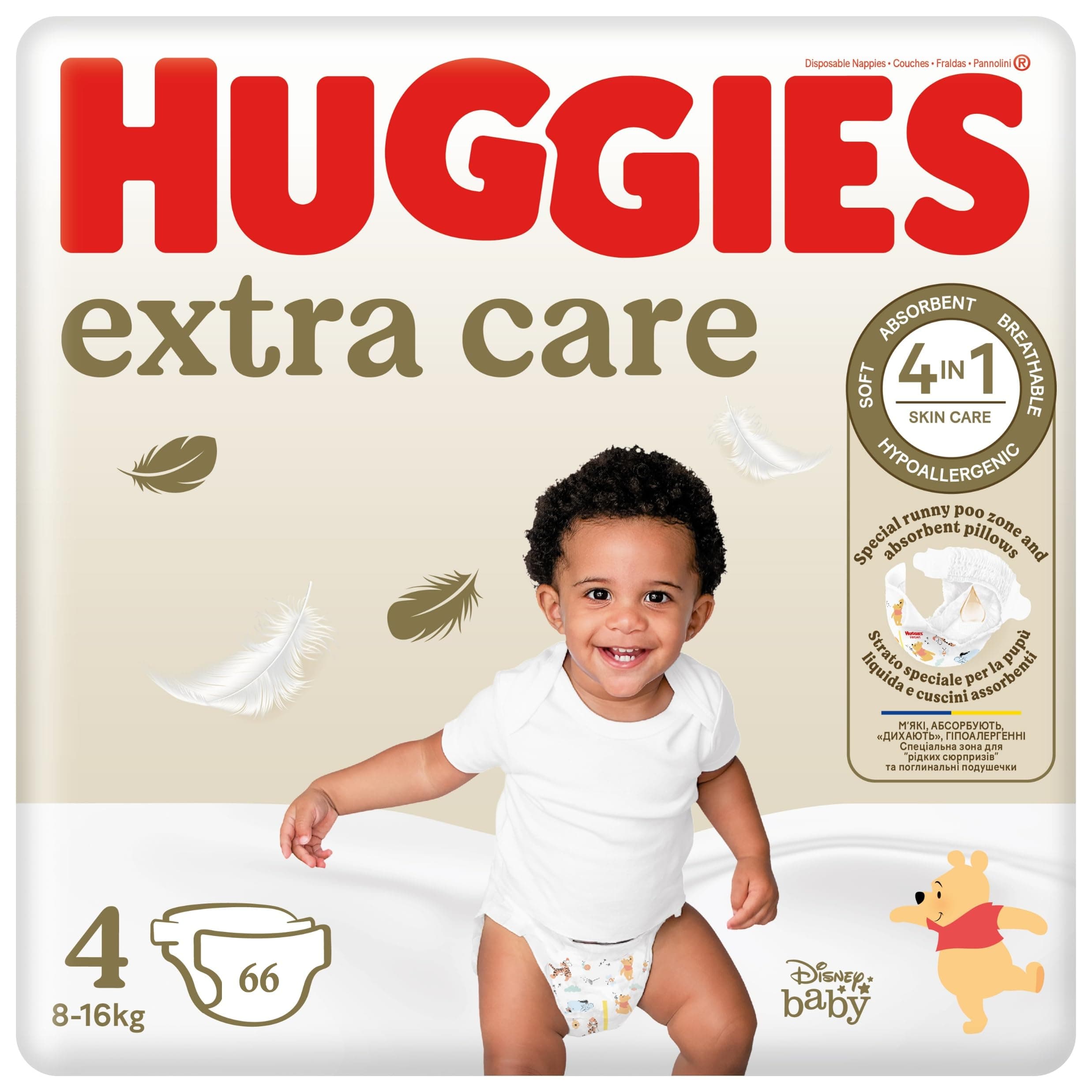 Huggies Extra Care, Pannolini Taglia 4 (8-16 Kg), Ultra assorbente, Pacco Scorta, 66 Pz