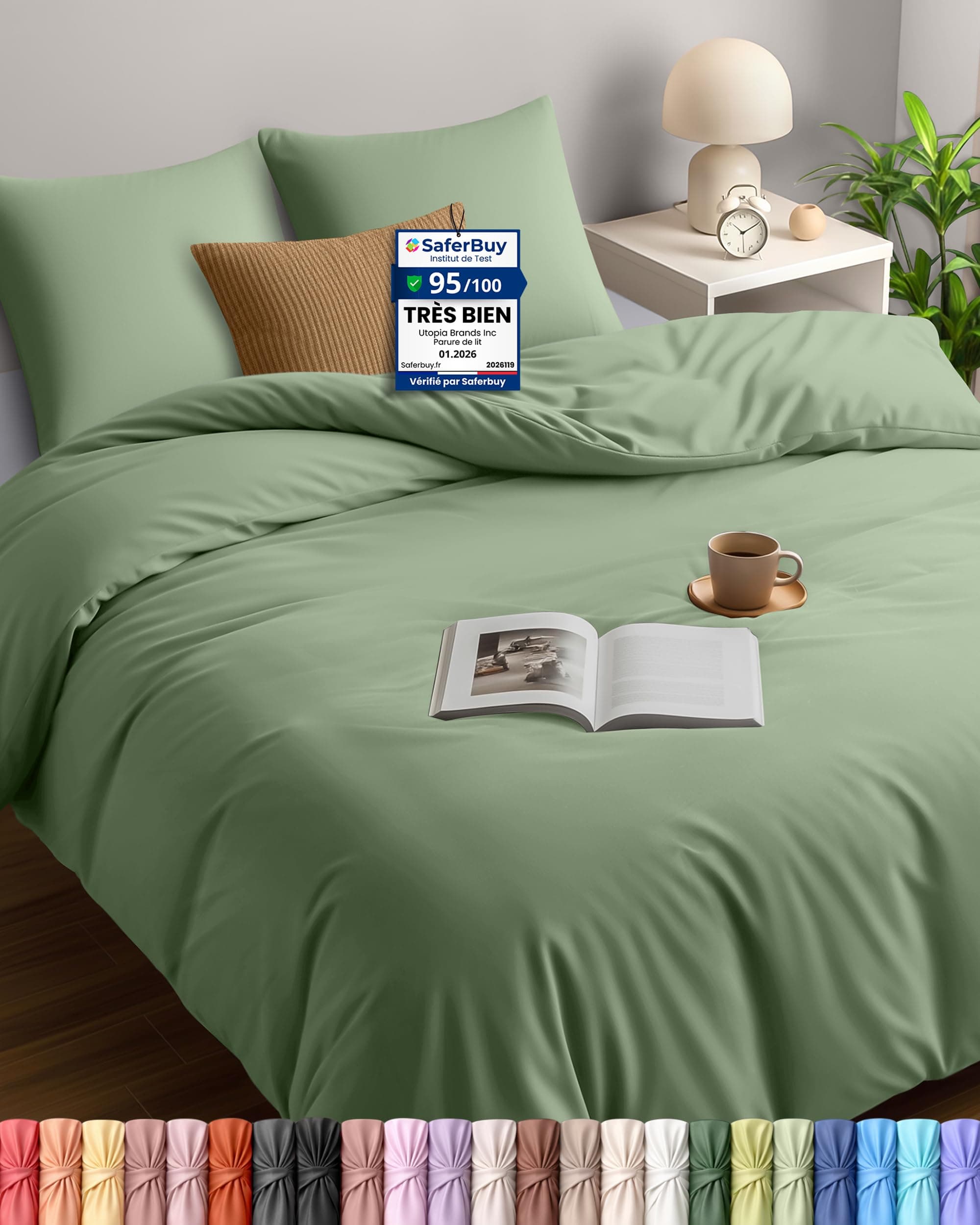 Utopia Bedding Housse de Couette 240x260 cm avec 2 Taies d'oreiller 65x65 cm (Vert Sauge)- Parure de Lit 240 x 260 cm - Ensembles de Housses de Couette en Microfibre brossée Douce