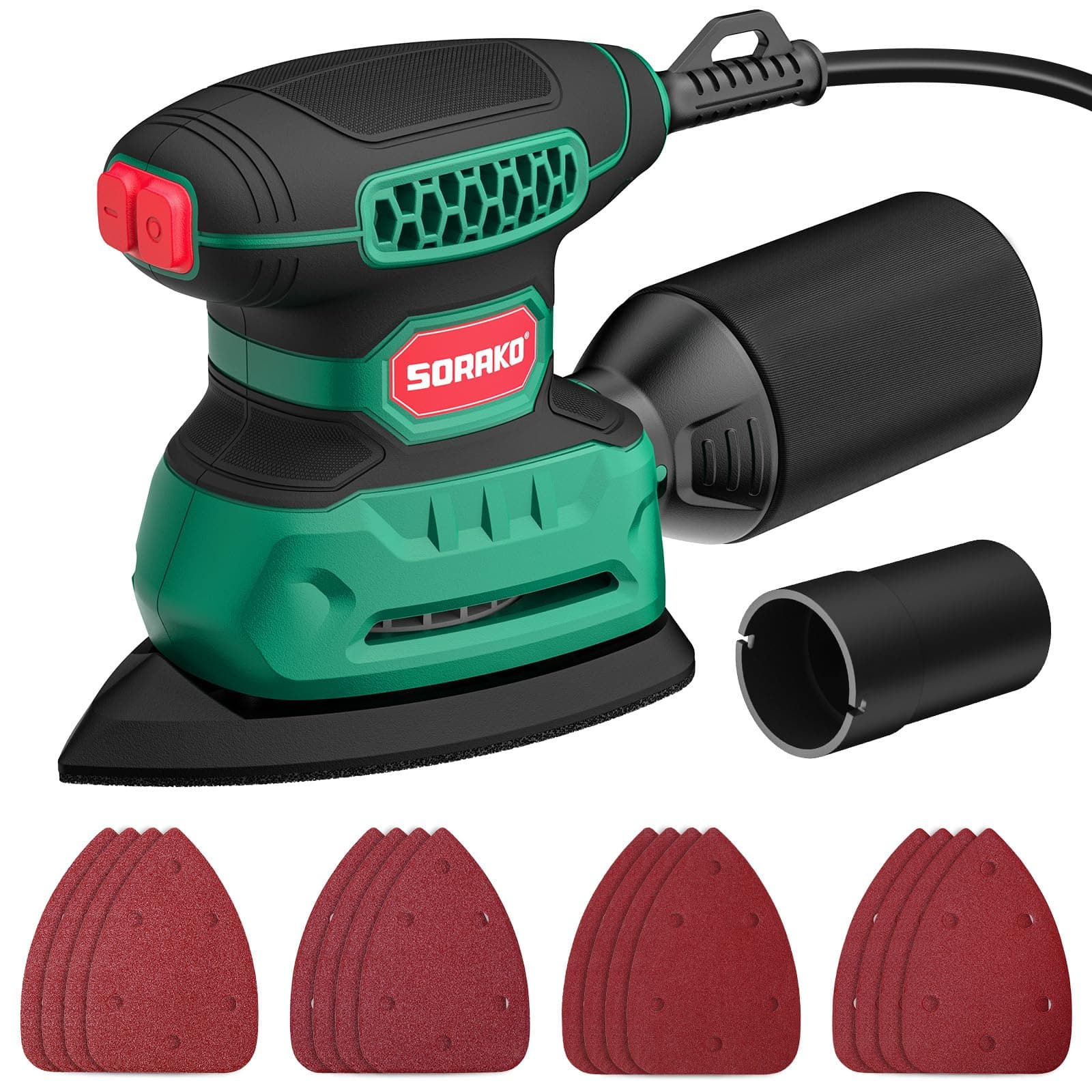 SORAKO Ponceuse Electrique, 220W 14000 OPM Ponceuse Triangulaire Avec Sac à Poussière Et 16 Feuilles De Papier De Verre,IdéAl Pour Poncer Les Surfaces En Bois Et En Acier Dans Les Espaces Restreints