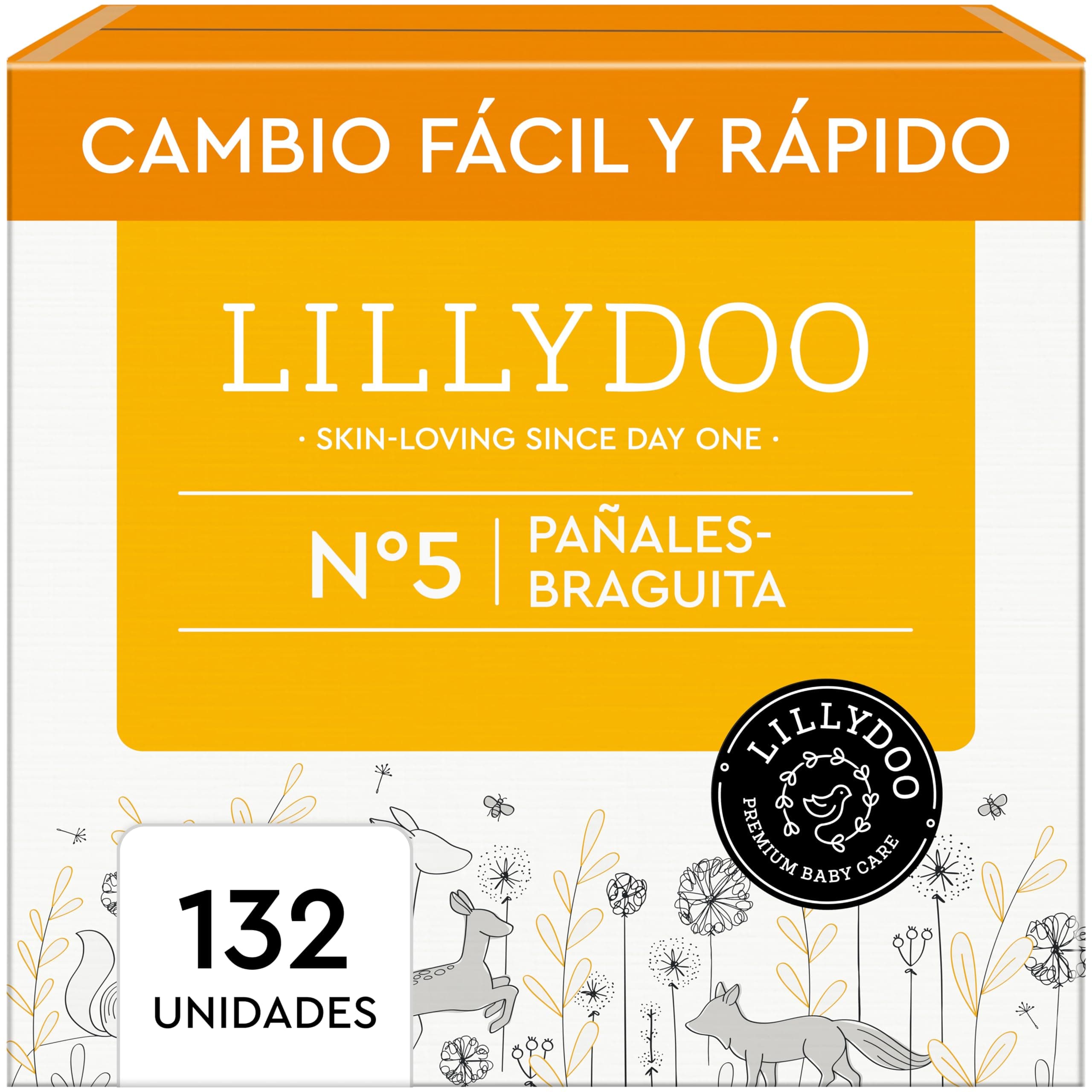 Pañales-braguita LILLYDOO - talla 5 (11+ kg), caja mensual (132 unidades), protección contra fugas, delicados con la piel, suaves, sin perfumes ni lociones, dermatológicamente testados