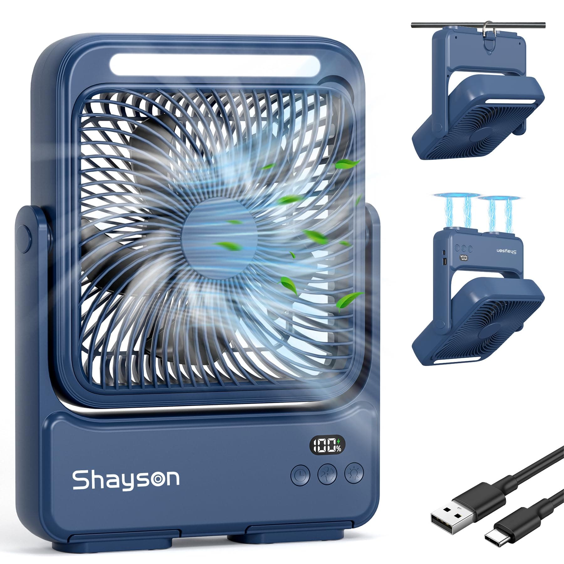 Ventilateur Portable 20000mAh USB Ventilateur de Table avec Lampe,4 Vitesses, 12-43 Heures de Fonctionnement,écran Intelligent,Ventilateur Faible Bruit,pour le Bureau,La Maison et l'extérieur (Bleu)