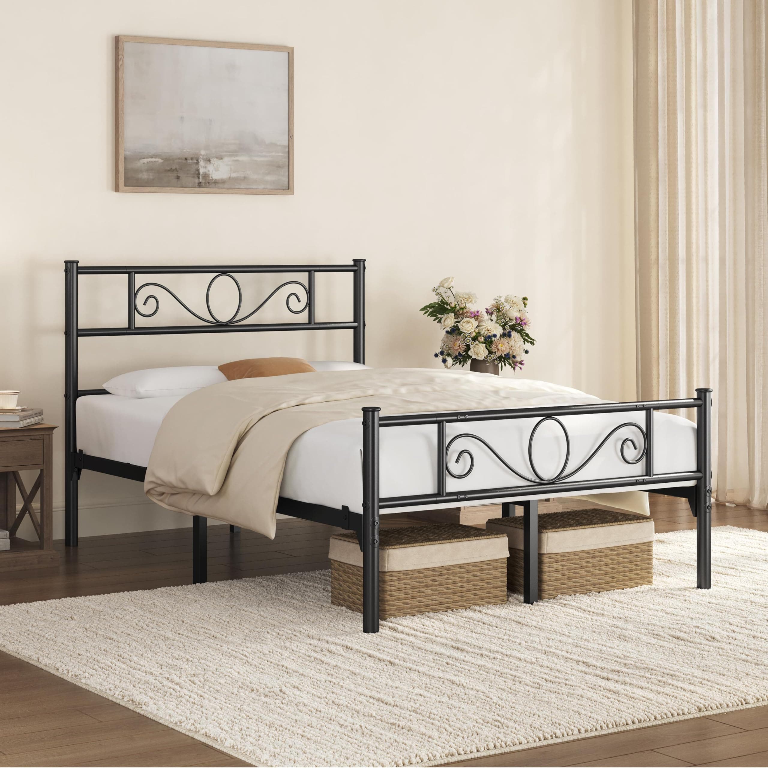Yaheetech Struttura Letto Matrimoniale in Ferro Battuto a Doghe Struttura Letto in Metallo per Materassi 120 x 190 cm Testiera Elegante Stile Moderno Nero
