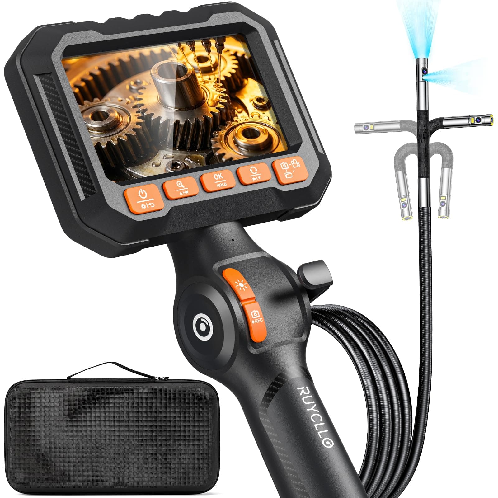 Ruycllo Lente Doble Camara Endoscopica, Endoscopio Camara de Inspeccion | 6,5mm Articulada 210°, Pantalla 4,3", con 6 Luz LED, IP67, Tarjeta SD 16 GB, para Coches y Mantenimiento Técnico