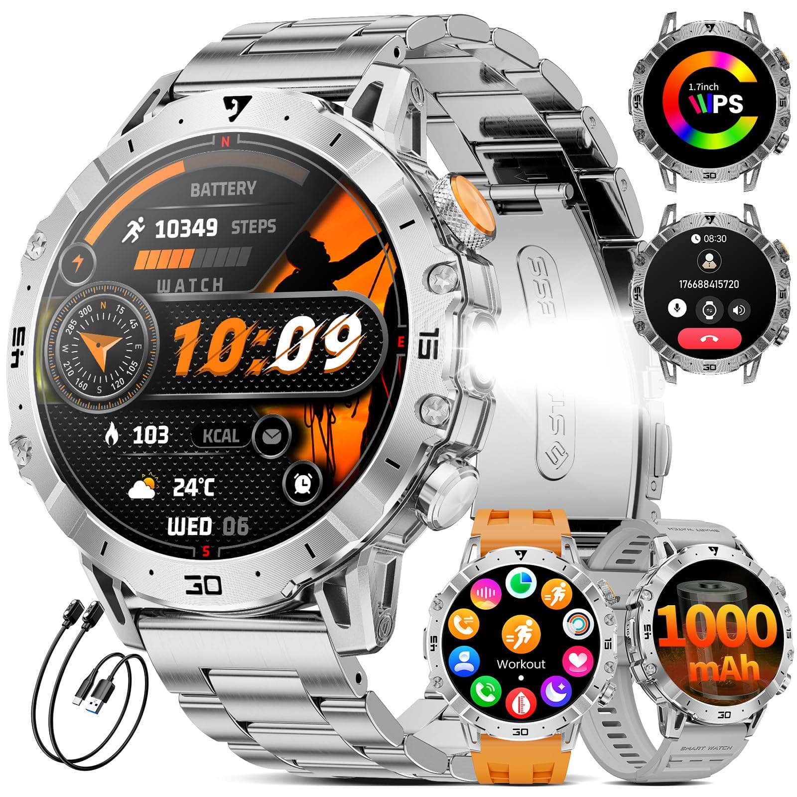 Reloj Inteligente Hombre con 1000 mAh/LED Linterna/Llamada Bluetooth, 1,7'' Smartwatch Militar con 110+ Modos Deportivos,Impermeable, Frecuencia Cardíaca, Android iOS, 3 Pulseras+2 Cargadores,EF18-B