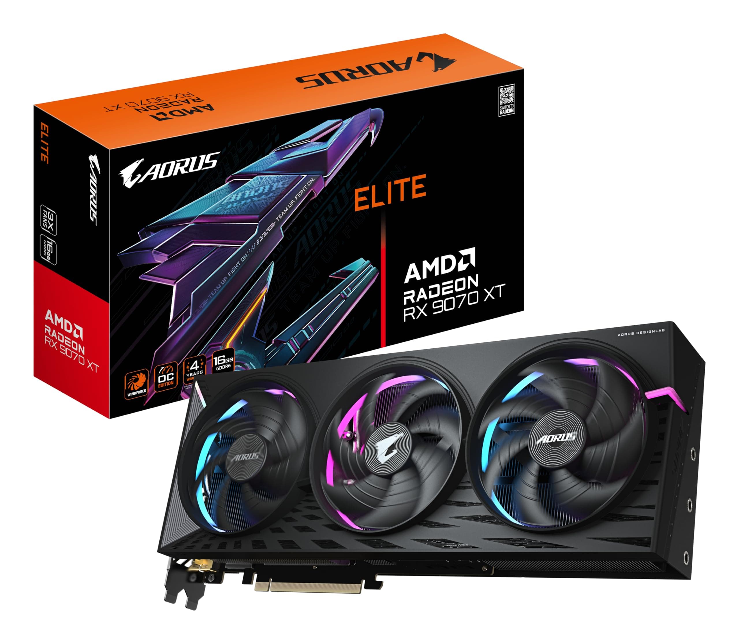 GIGABYTE AORUS Radeon RX 9070 XT Elite 16G Tarjeta Gráfica - 16GB GDDR6, 256 bits, PCI-E 5.0, 3100 MHz Frecuencia Base, 2 x DisplayPort, 2 x HDMI, GV-R9070XTAORUS E-16GD