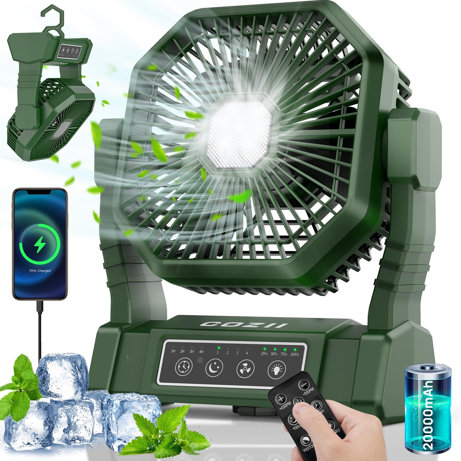 COZII Ventilador Portatil 20000mAh, Ventilador Camping Recargable, 4 Velocidades Ventilador USB Silencioso, Ventilador de Mesa con Luz LED y Control Remoto pare Viaje Picnic Pesca Oficina
