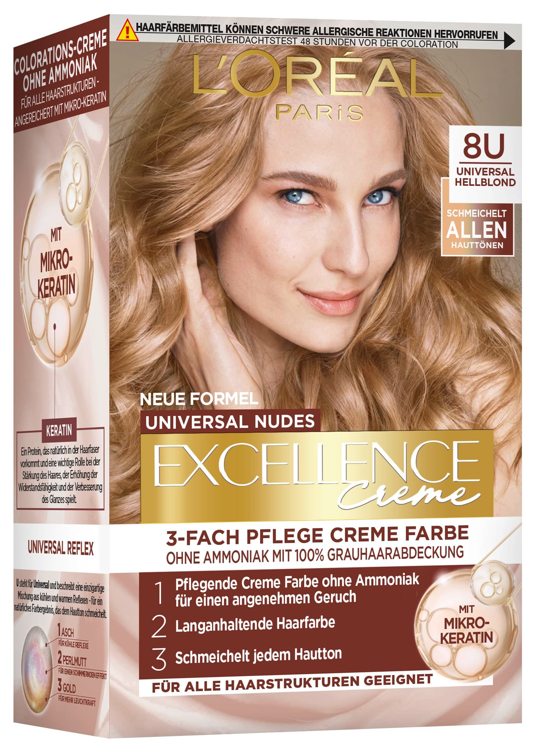 L'Oréal Paris Permanente Haarfarbe für jeden Hautton, Coloration ohne Ammoniak, Universale Nude-Töne mit vollständiger Grauhaarabdeckung, Excellence Creme, Nr. 8U Hellblond (Blond), 1 Stück