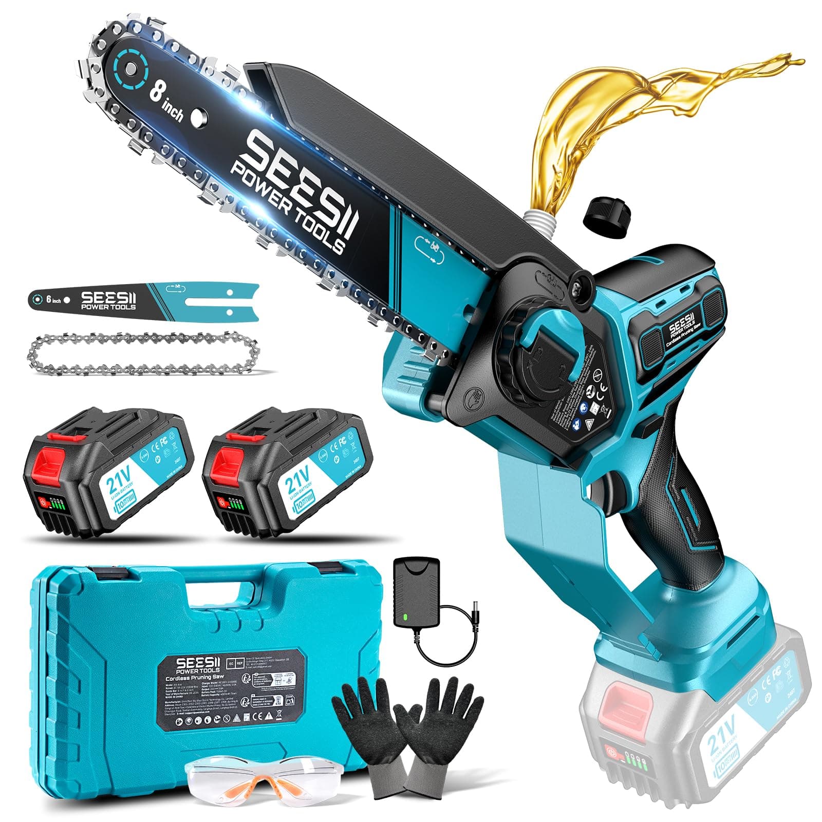 SEESII 6 & 8 Motosega a Batteria, 1000 W Mini Motosega con 2 * 4000 mAh Batterie, Sega Elettrica per Legno con Lubrificazione Automatica, Chainsaw Motosega da Potatura, Rami