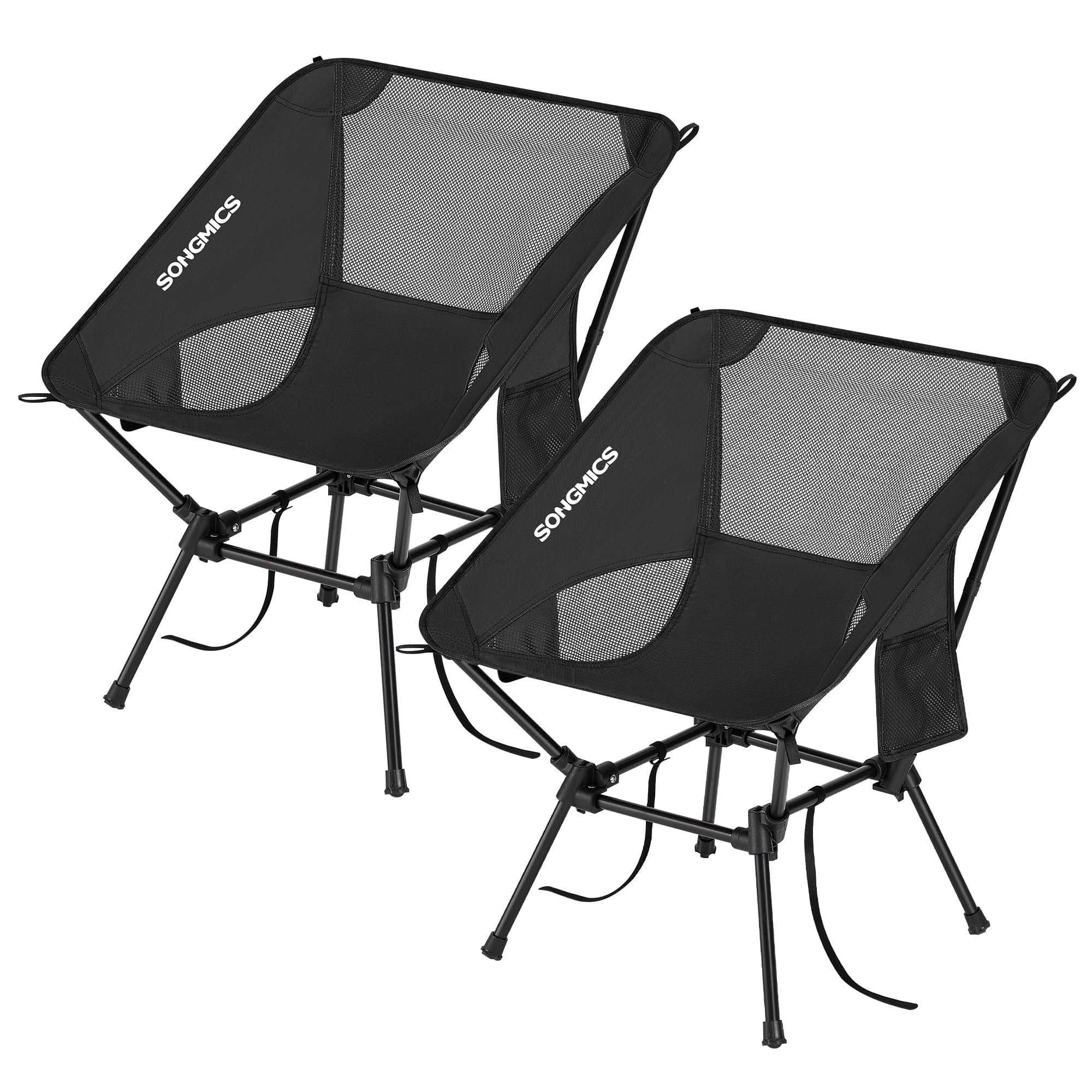 SONGMICS Sedie da Campeggio, Set di 2 Sedie da Esterno, Altezza Regolabile, Struttura in Acciaio, Portata 150 kg, 2 Tasche, per Campeggio, Viaggi, Nero GCB052BZ01
