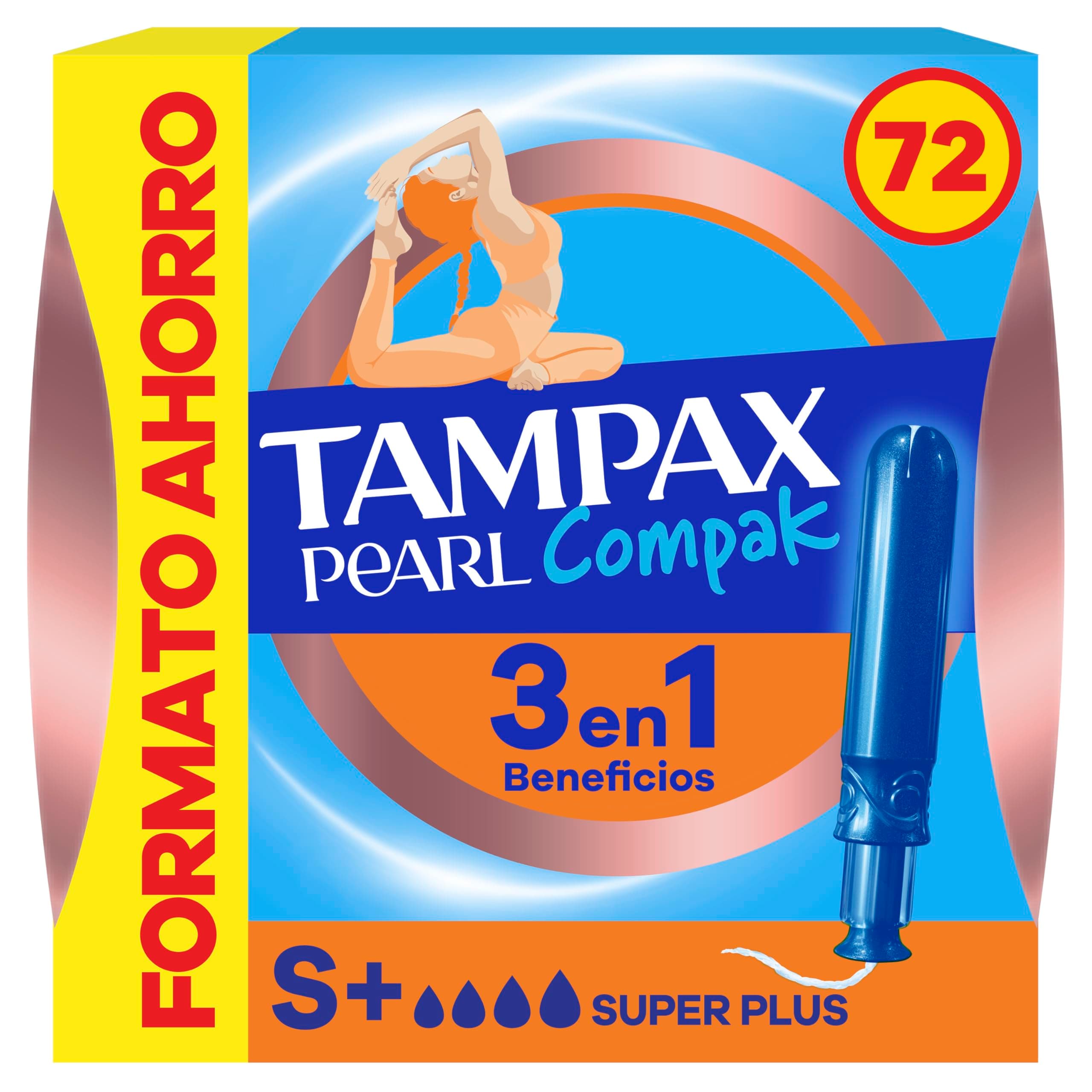 Tampax Tampones Pearl Compak Super Plus Con Aplicador Suave, Pack de 72, 3 en 1 Protección Antifugas, Comodidad Y Fácil Inserción