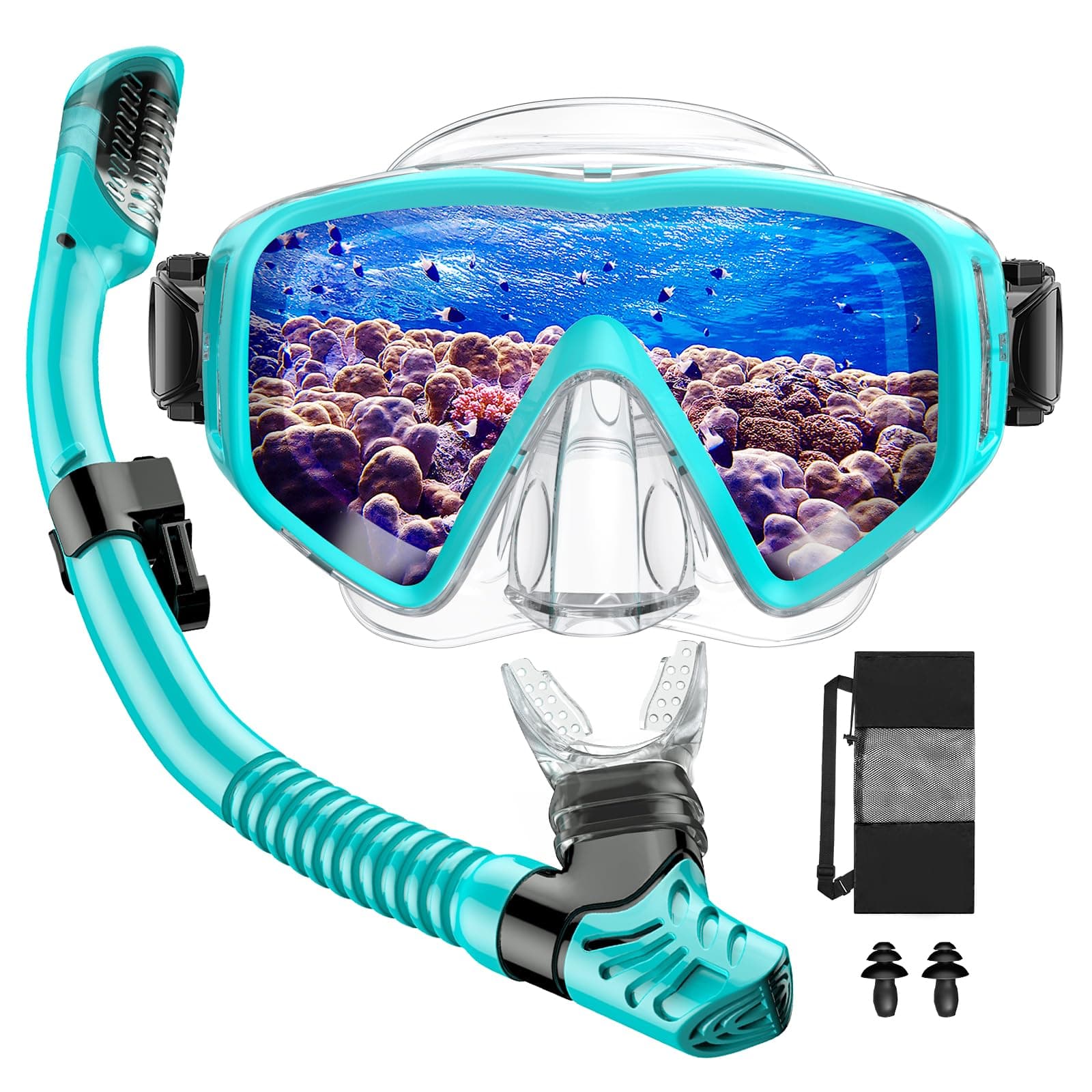 JEMULICE Gafas y Tubo de Snorkel Set para Adulto, Panorámico de 180° Gafas de Buceo Adulto de Cristal Templado y Dry Top Snorkel, Equipo de Buceo Juego de Snorkel Profesional para Mujeres Y Hombres