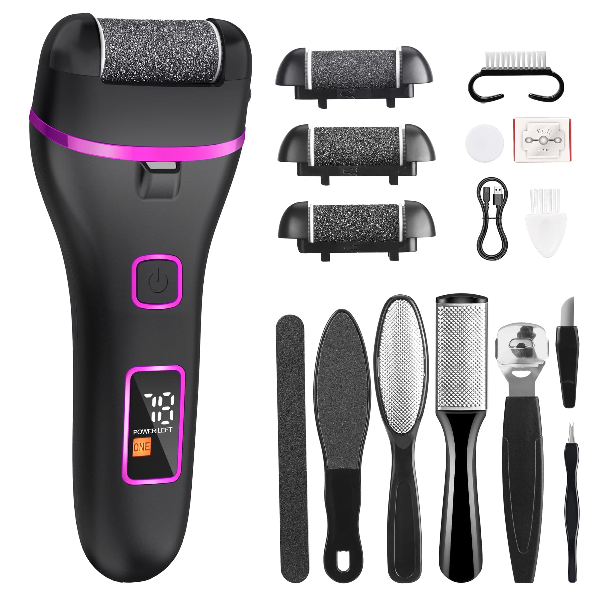 Wolady Lime électrique rechargeable et étanche pour callosités des pieds - Élimine la peau dure - Pour talons fissurés, brosse à pieds - Kit de soins professionnels pour pédicure (noir)