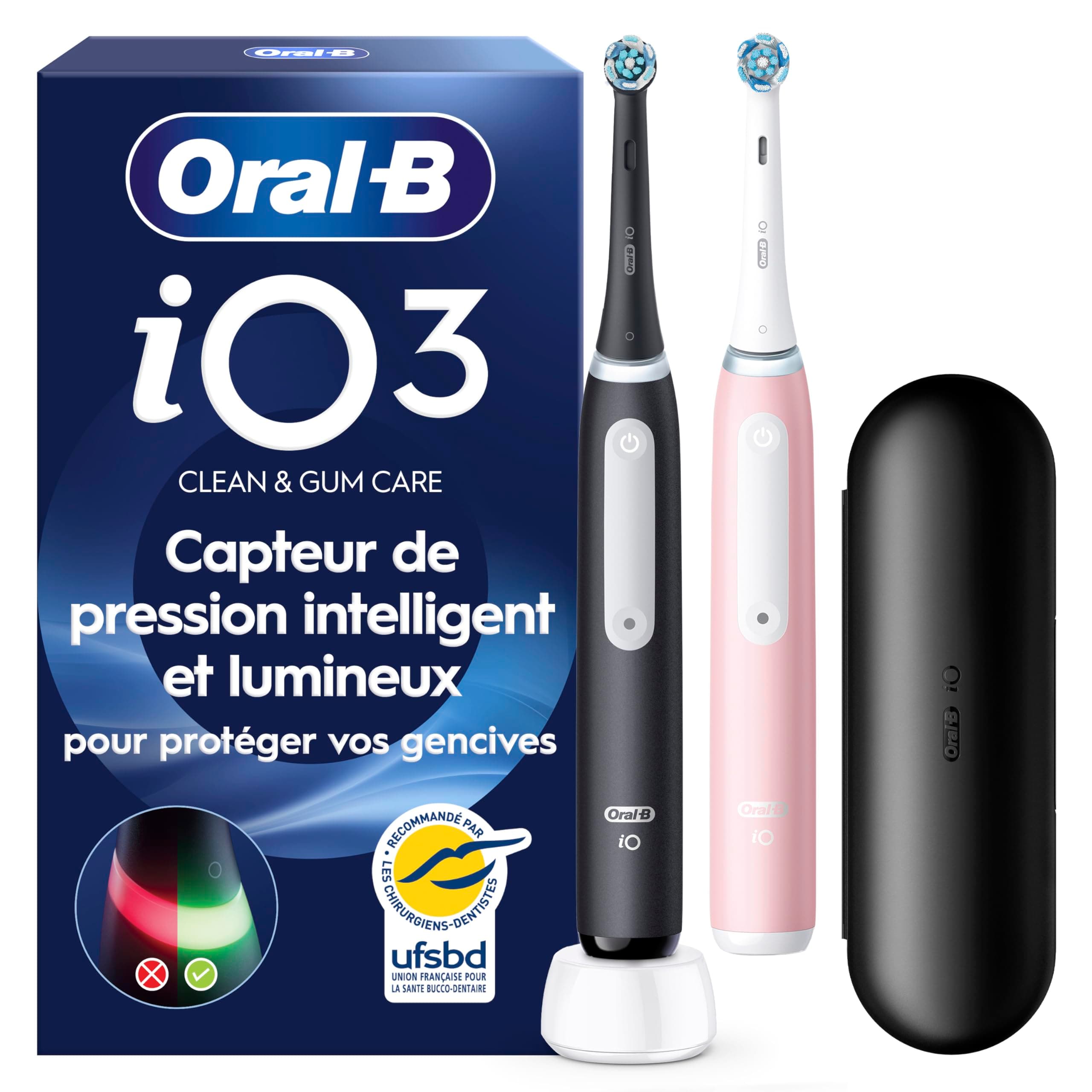 Oral-B Brosses à Dents Electriques iO 3 Duo avec 2 Brossettes de Rechange, Noire et Rose - 3 Modes de Brossage dont Douceur et Blancheur, Capteur de Pression sur les Gencives, Batterie Rechargeable