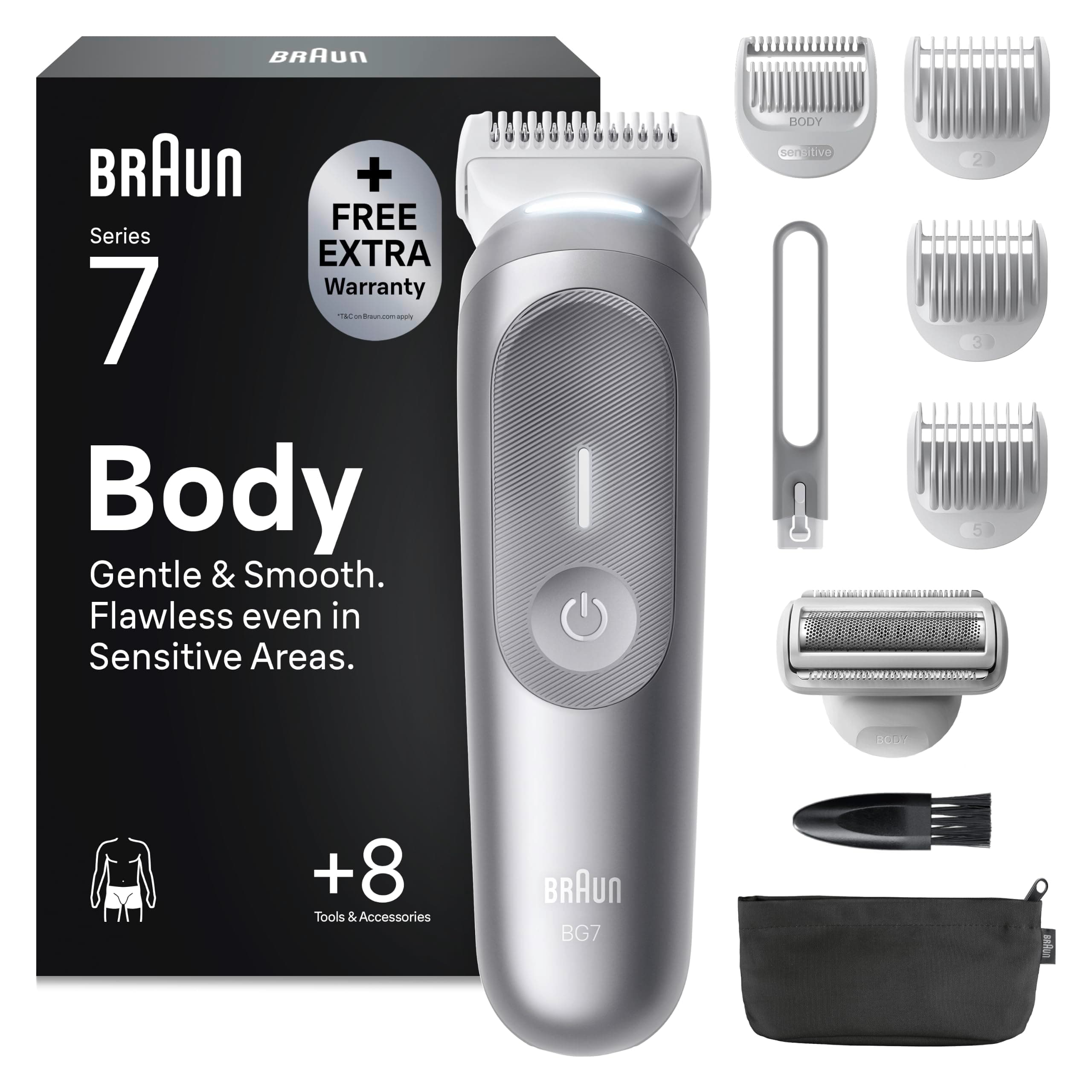 Braun Bodygroomer Series 7, Kabelloser Körperrasierer Herren, BG7555, Grau | Trimmer für Intimbereich Und Körper, Körperhaartrimmer mit 100 Min. Akku, Wasserdicht, Inkl. 8 Zubehörteile Und Etui