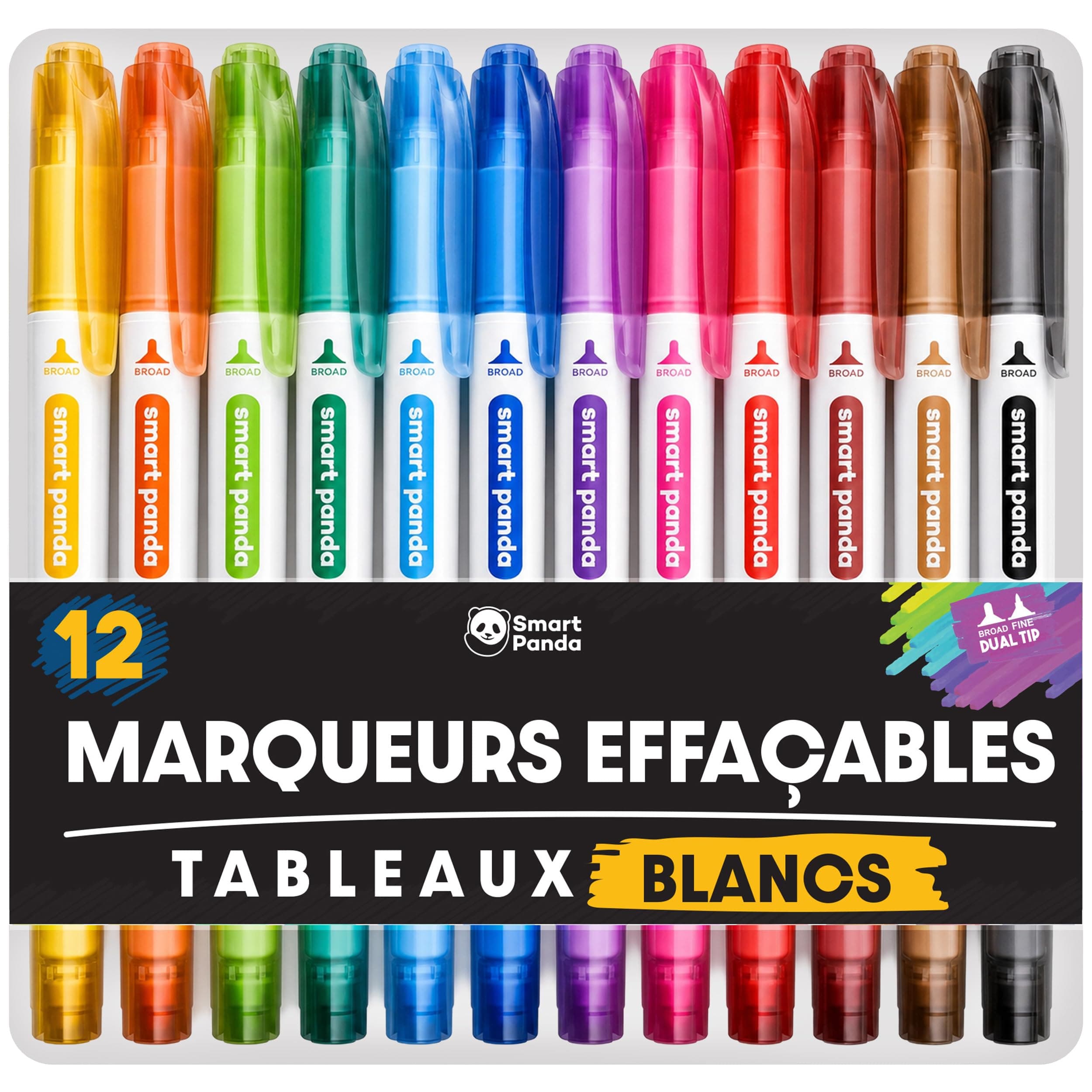 Smart Panda 12 Feutres Tableau Blanc Effaçables Double Pointe, pour Ardoise | S'efface d'un Coup de Chiffon, Marqueurs Couleurs Vives, Trait Moyen et Fin, Encre Longue Durée, Idéal pour Enfants et École