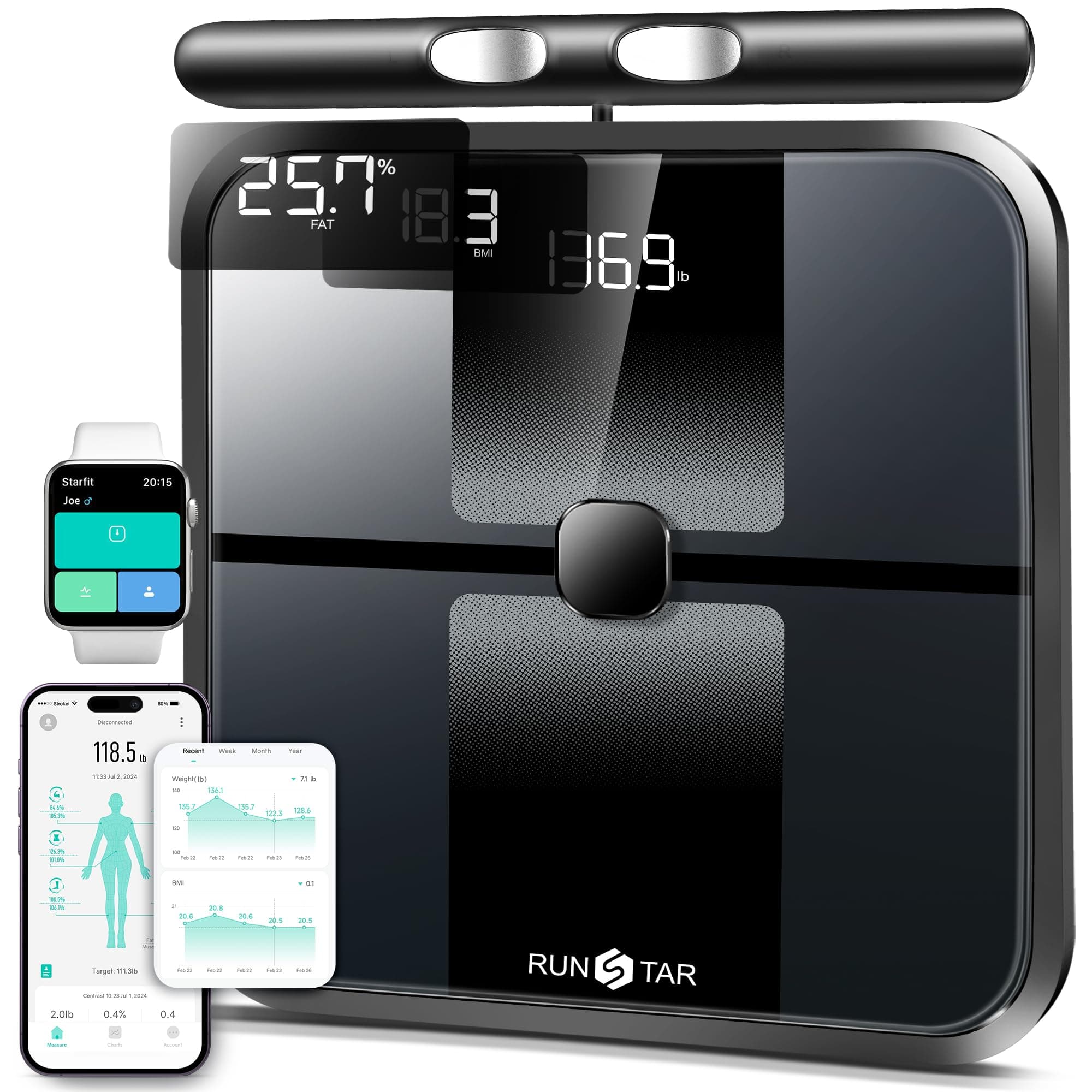 RunSTAR Balance Pese Personne Intelligent - Analyse Corporelle 8 électrodes. Mesure Poids, Graisse, Masse Musculaire. 28 Paramètres sur App. Haute Précision avec Affichage Triple Mesure 180 kg/400 lb