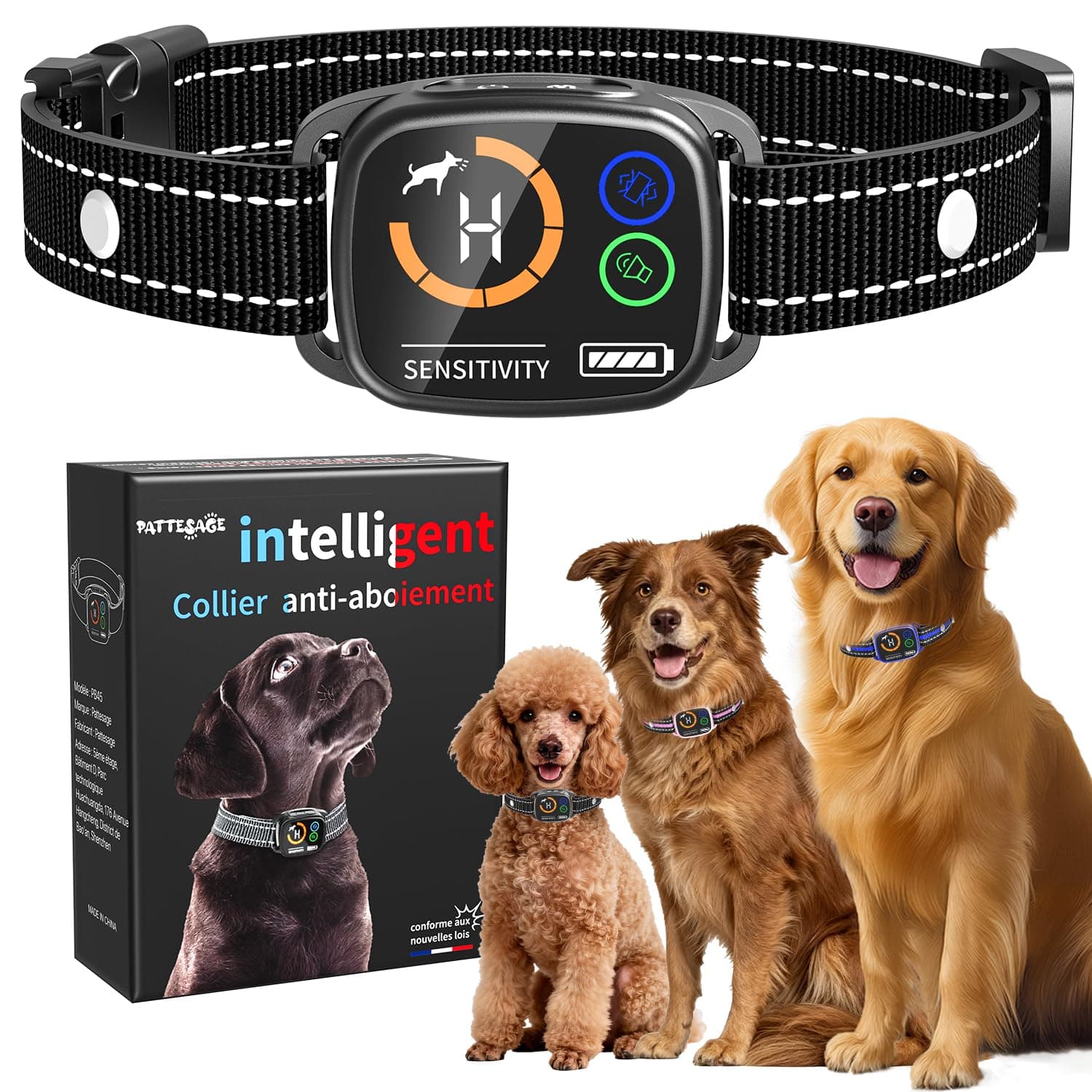 PatteSage Collier Anti aboiement Chien, Collier Electrique pour Chien 6 Niveaux de Sensibilité, Modes Son/Vibration/Vibration Forte Rechargeable, Étanche IP67 pour Petit Moyen Grand Chiens - Noir
