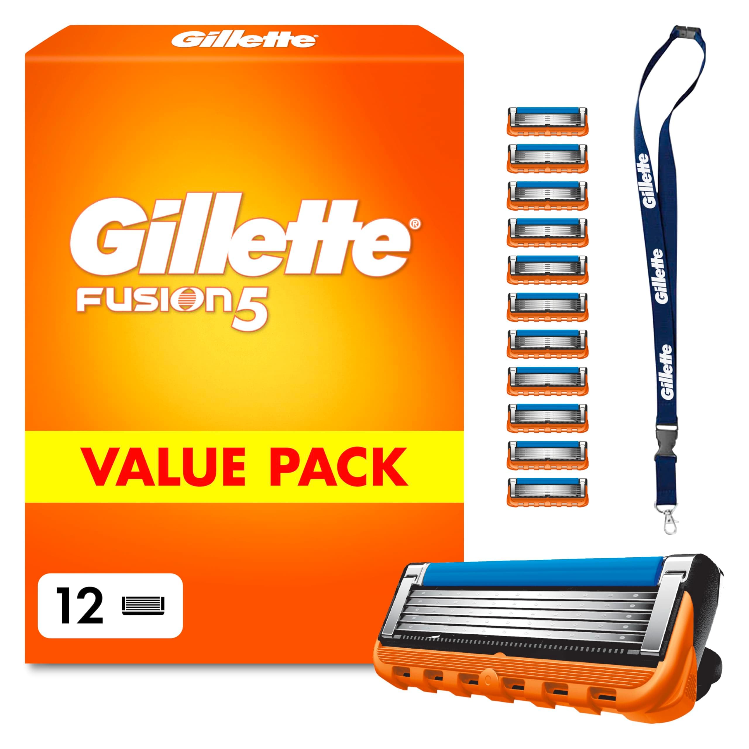 Gillette Lames de Rasoir Homme Fusion 5, Pack de 12 et Tour de Cou | Cartouches Longue Durée en Acier Inoxydable, Micro Lamelles, 1 Rechange Jusqu’à 20 Rasages