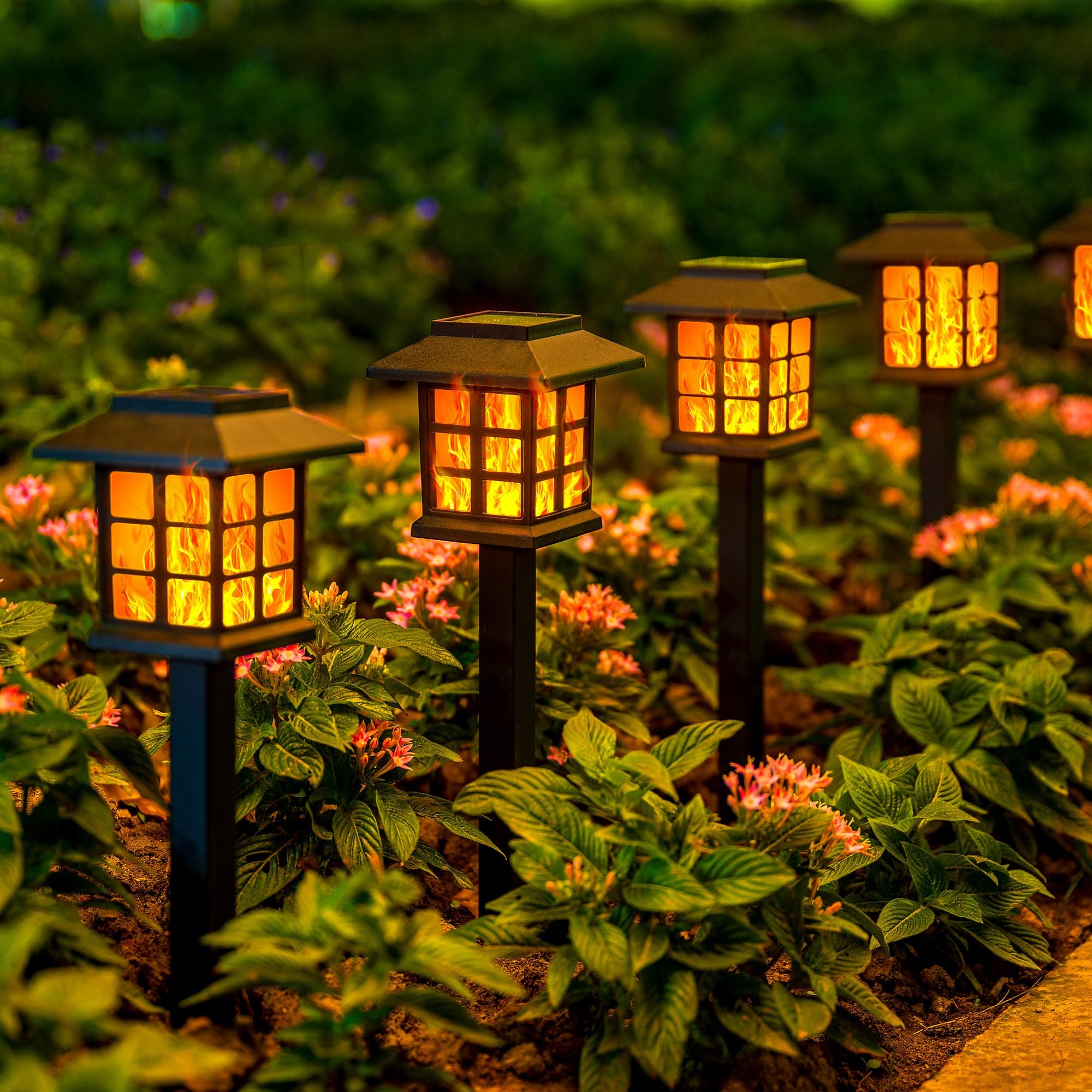GIGALUMI Luces solares para jardín al aire libre, paquete de 12 luces solares de llama parpadeante para exteriores, impermeables, para jardín, paisaje, camino, patio, encendido/apagado automático
