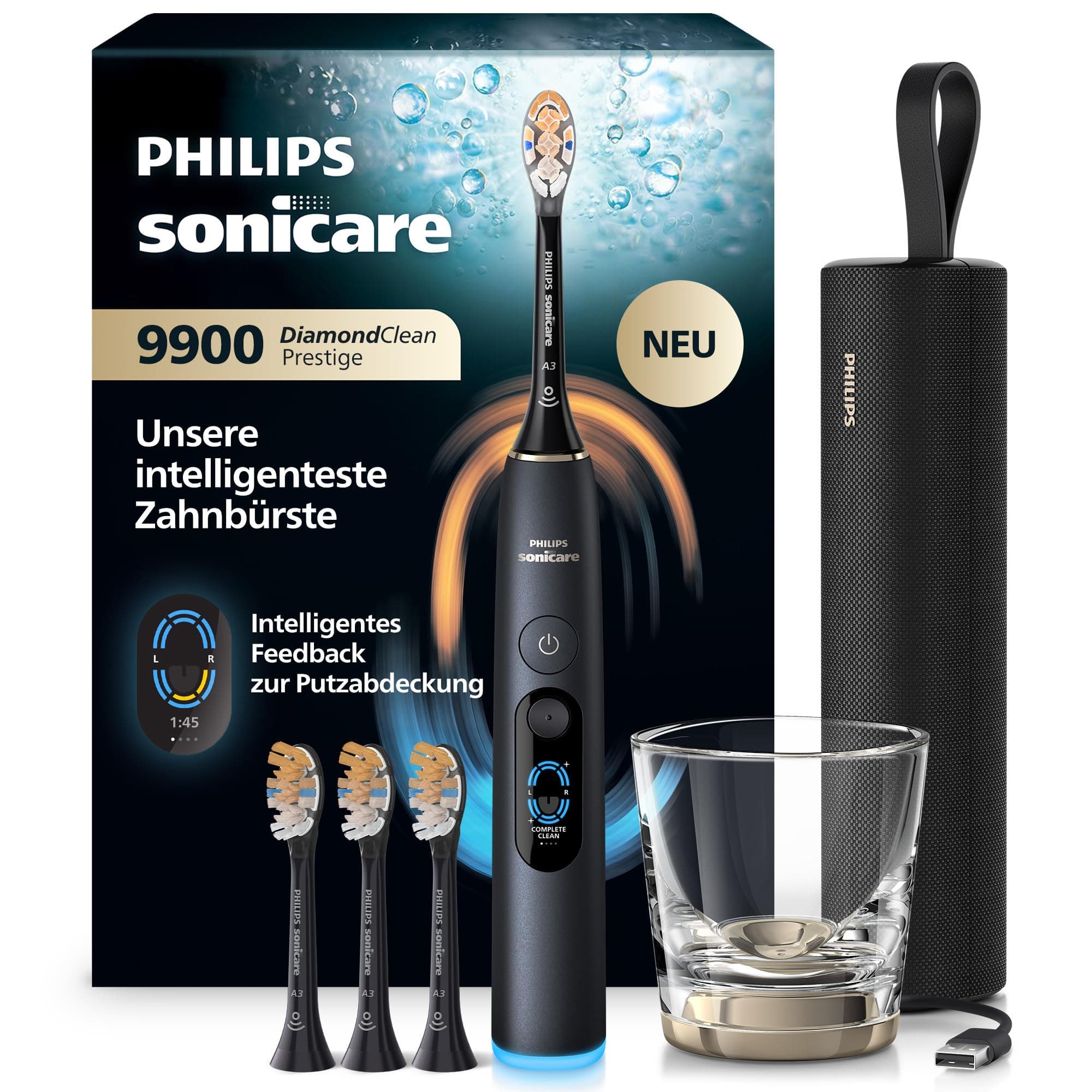 Philips Sonicare Next-Generation DiamondClean 9900 Prestige elektrische Zahnbürste - intelligentes Feedback zur Putzabdeckung, intelligente Andruckkontrolle, 24 Einstellungen, Quarzschwarz, HX9815/92