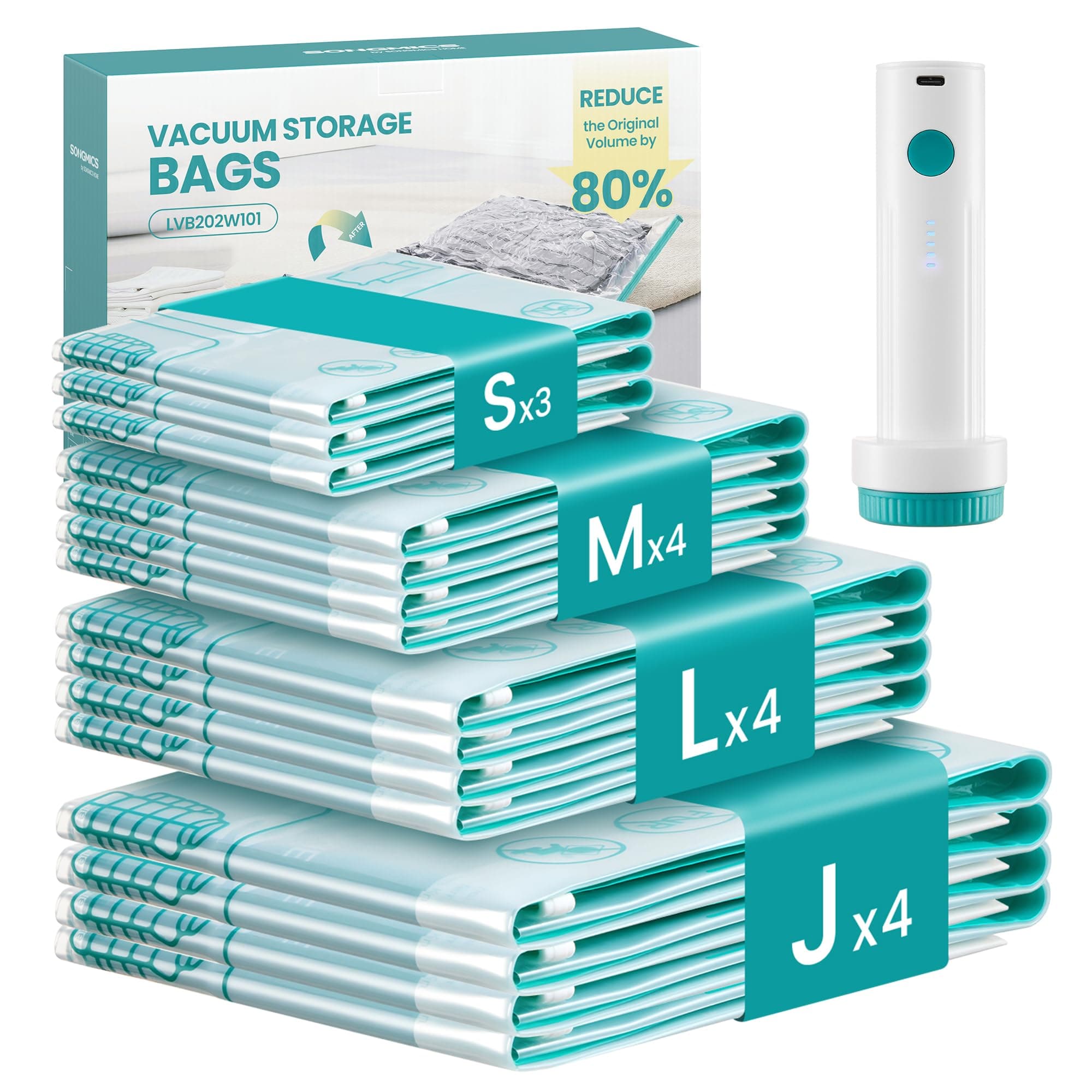 SONGMICS Housses de Rangement sous Vide avec Pompe Électrique Rechargeable, Sacs sous Vide pour Vêtement, Drap, Placard, Voyage, Réutilisable, 15 Pièces, 3S/4M/4L/4J, Transparent LVB203W101
